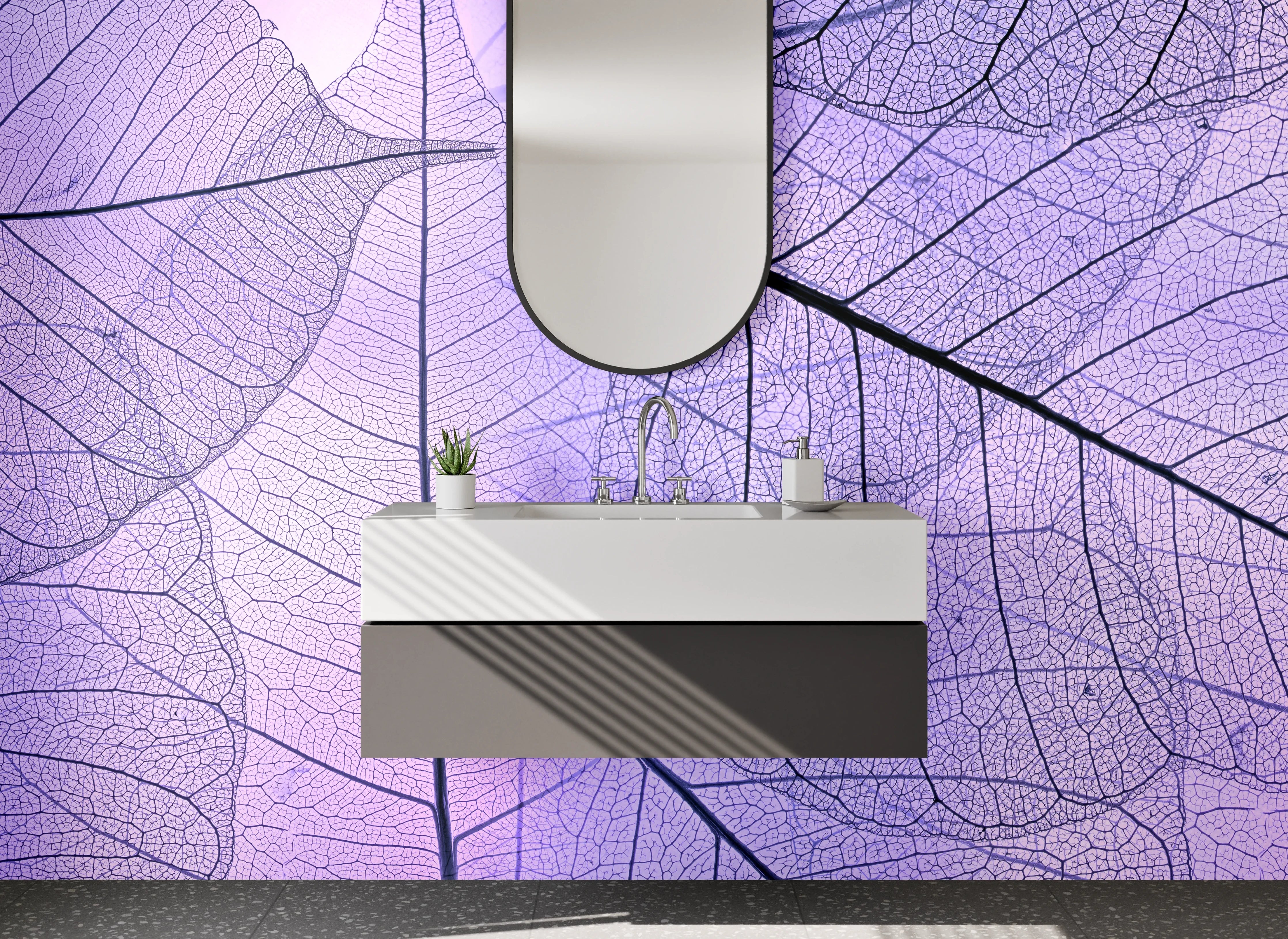 Waschbecken-Rückwand - Transparente Blätter in Lila Optik