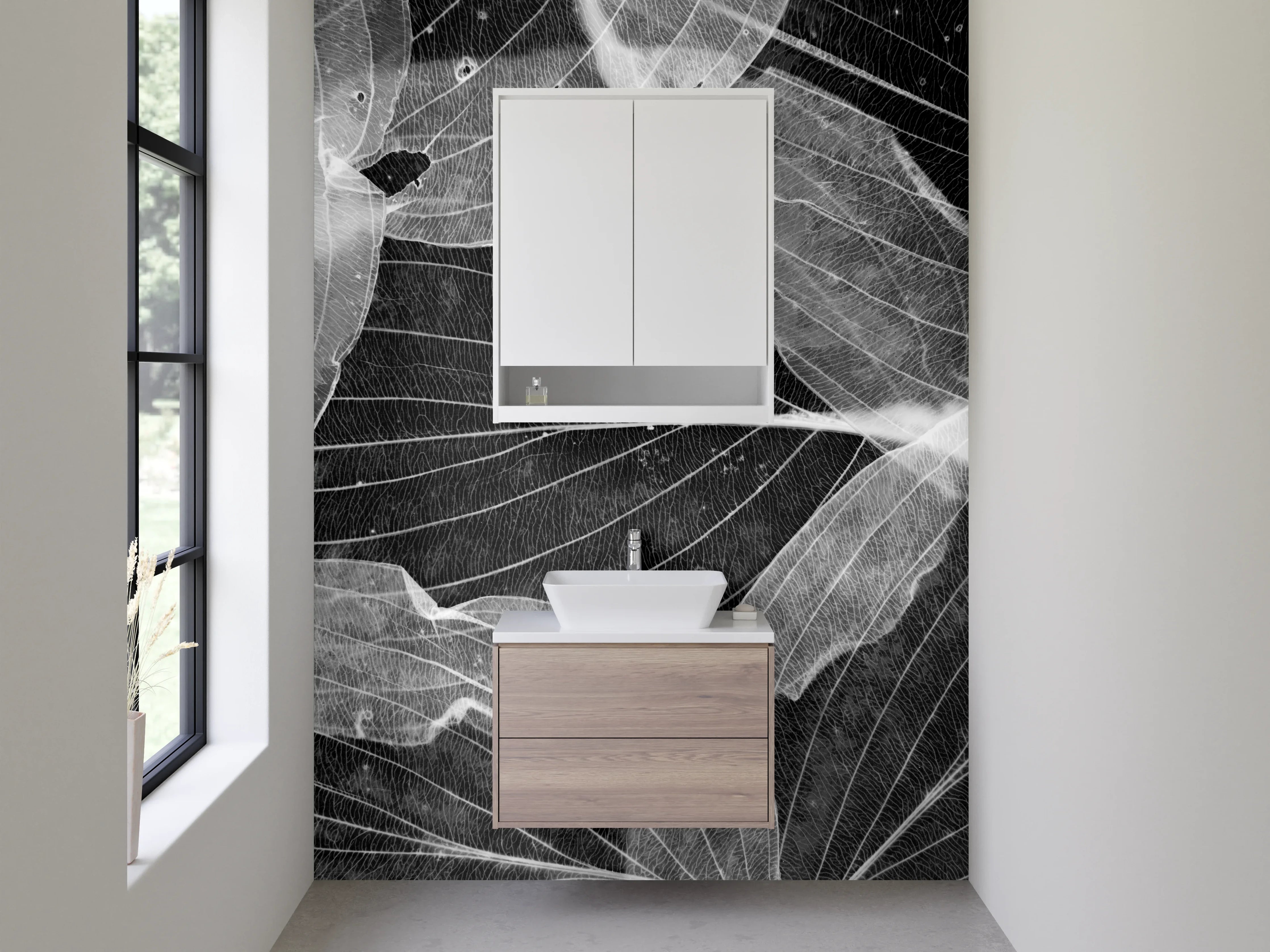 Waschbecken-Rückwand - Transparente Blätter in Schwarz-Weiß-Optik