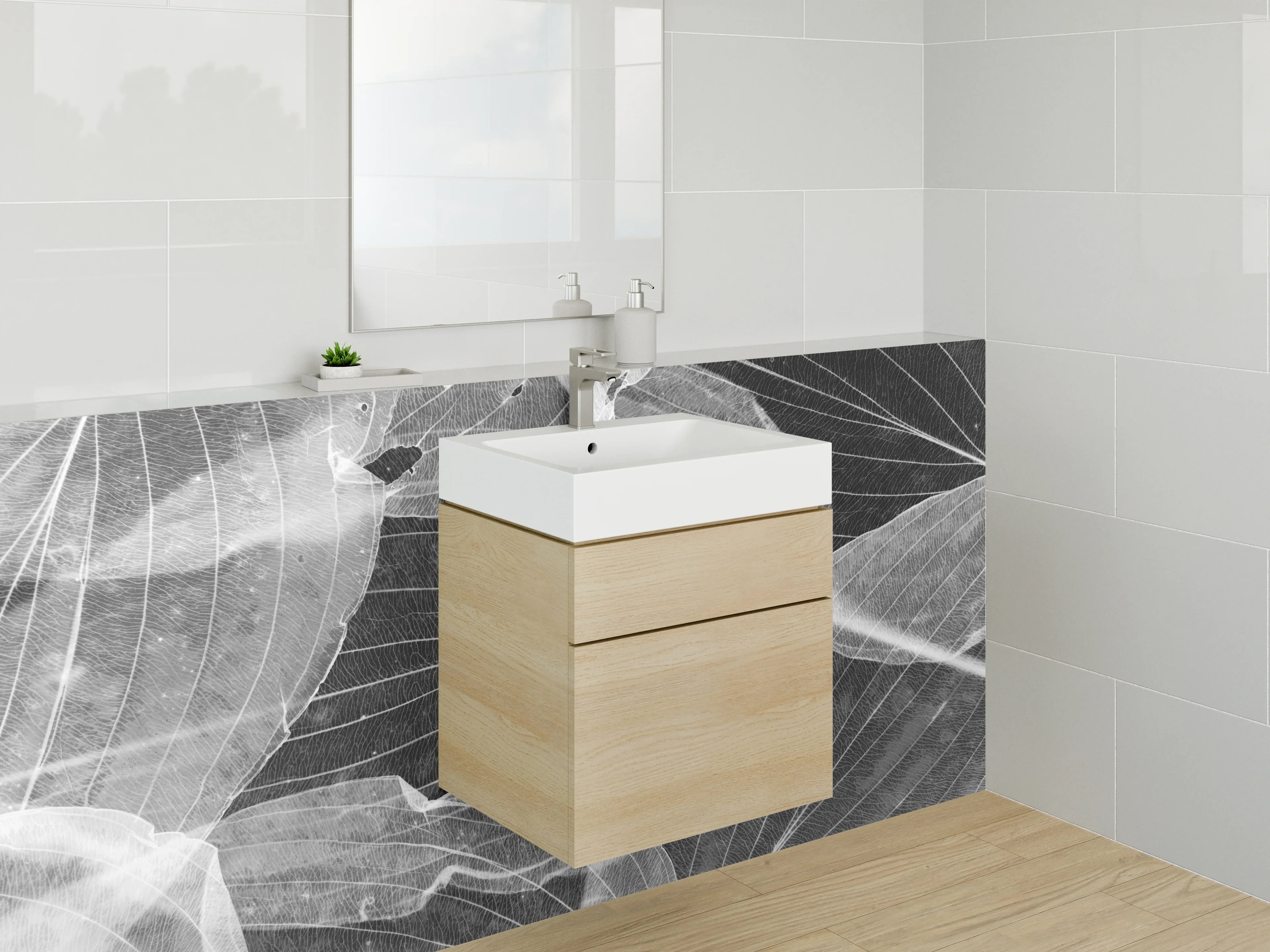 Waschbecken-Rückwand - Transparente Blätter in Schwarz-Weiß-Optik