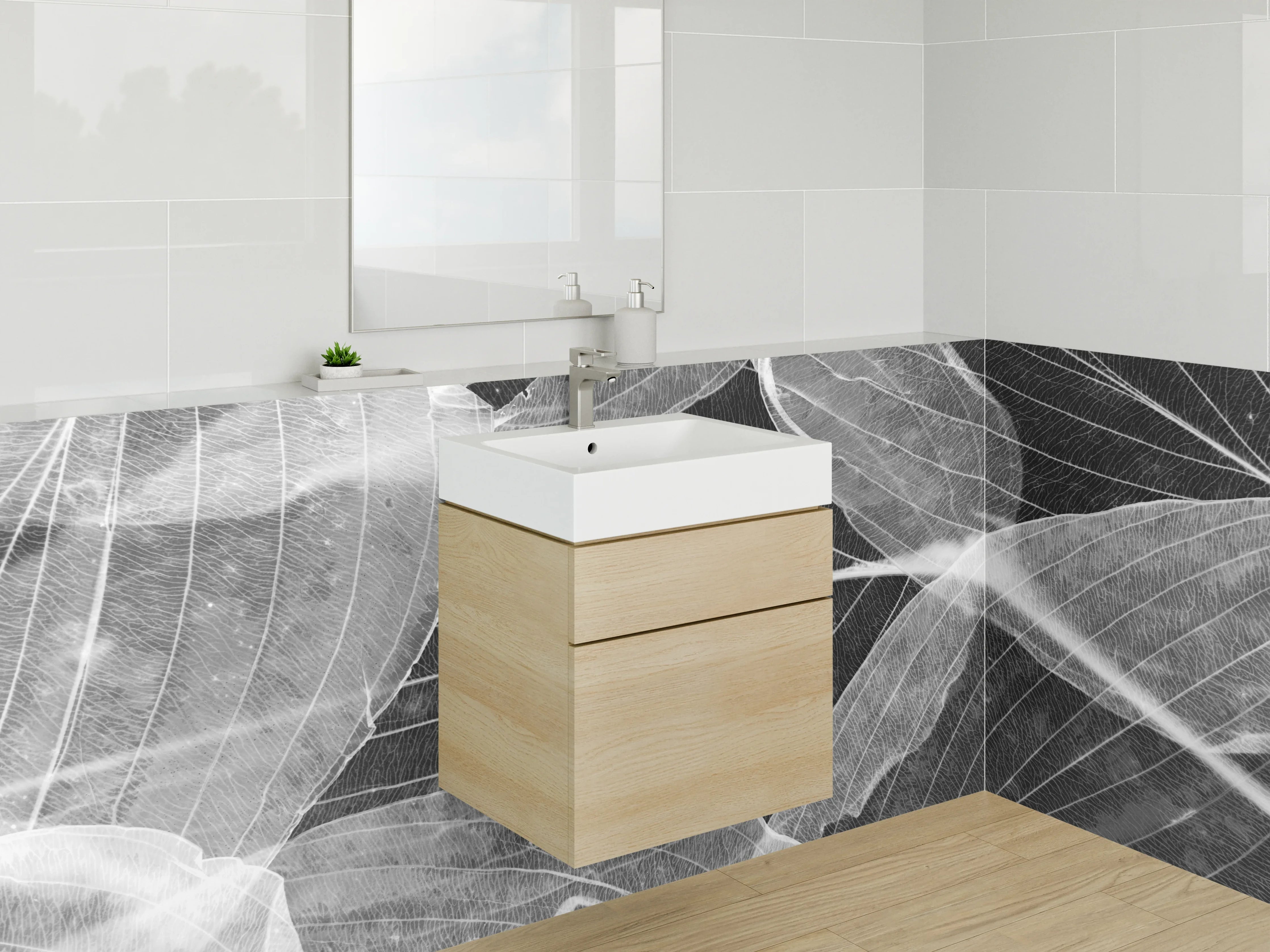 Waschbecken-Rückwand - Transparente Blätter in Schwarz-Weiß-Optik