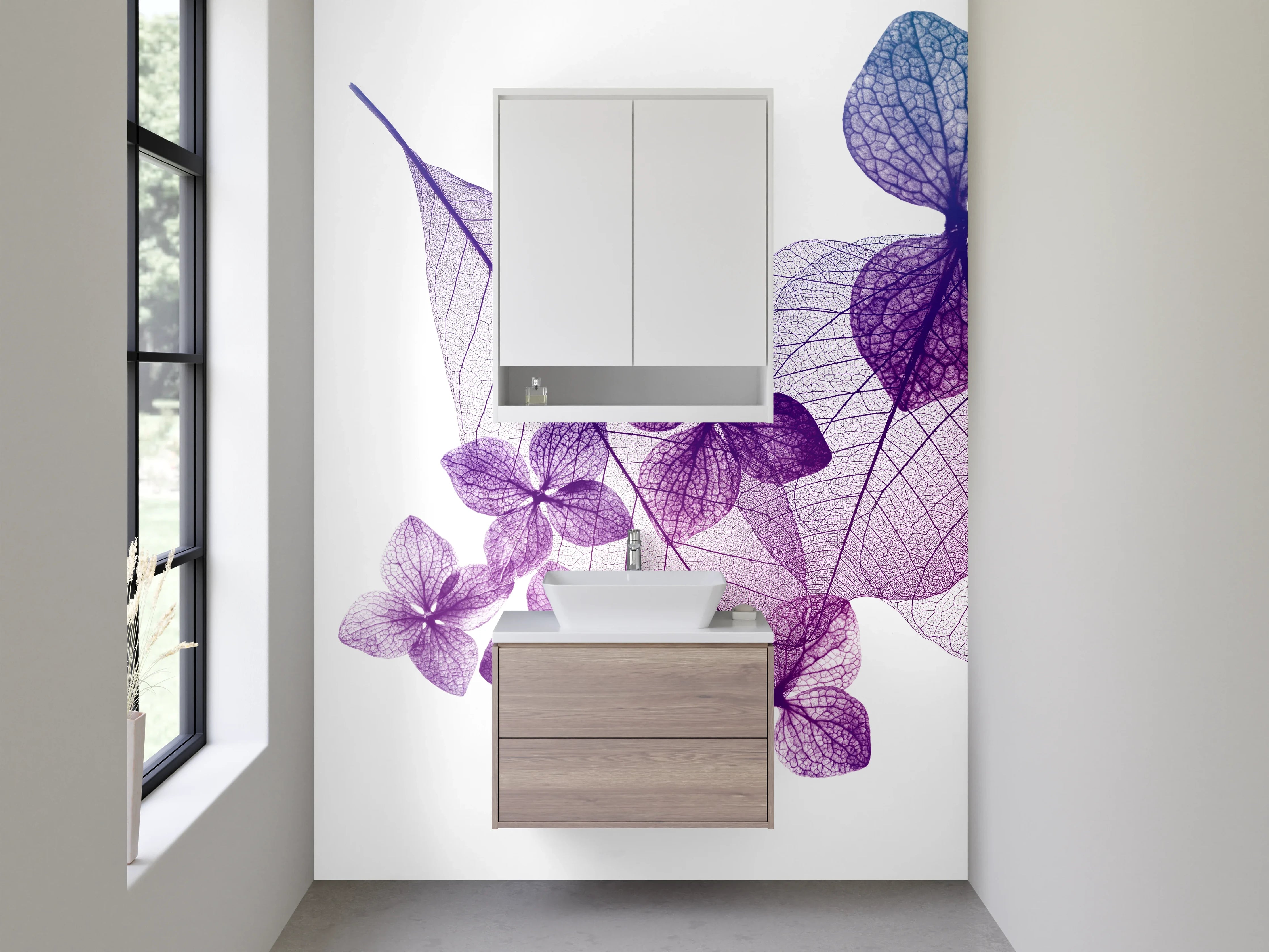Waschbecken-Rückwand - Transparente Blätter in Violetttönen