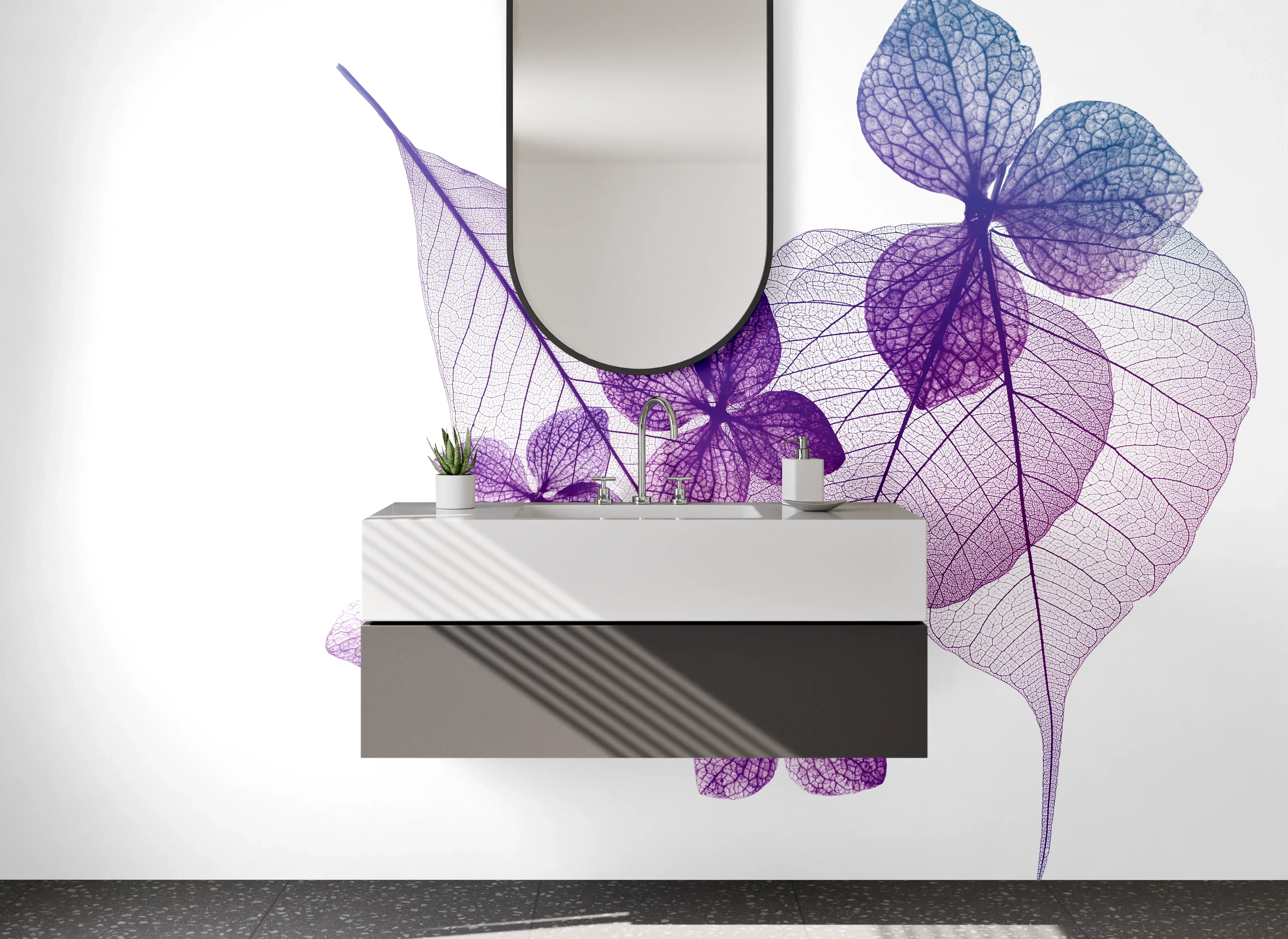 Waschbecken-Rückwand - Transparente Blätter in Violetttönen
