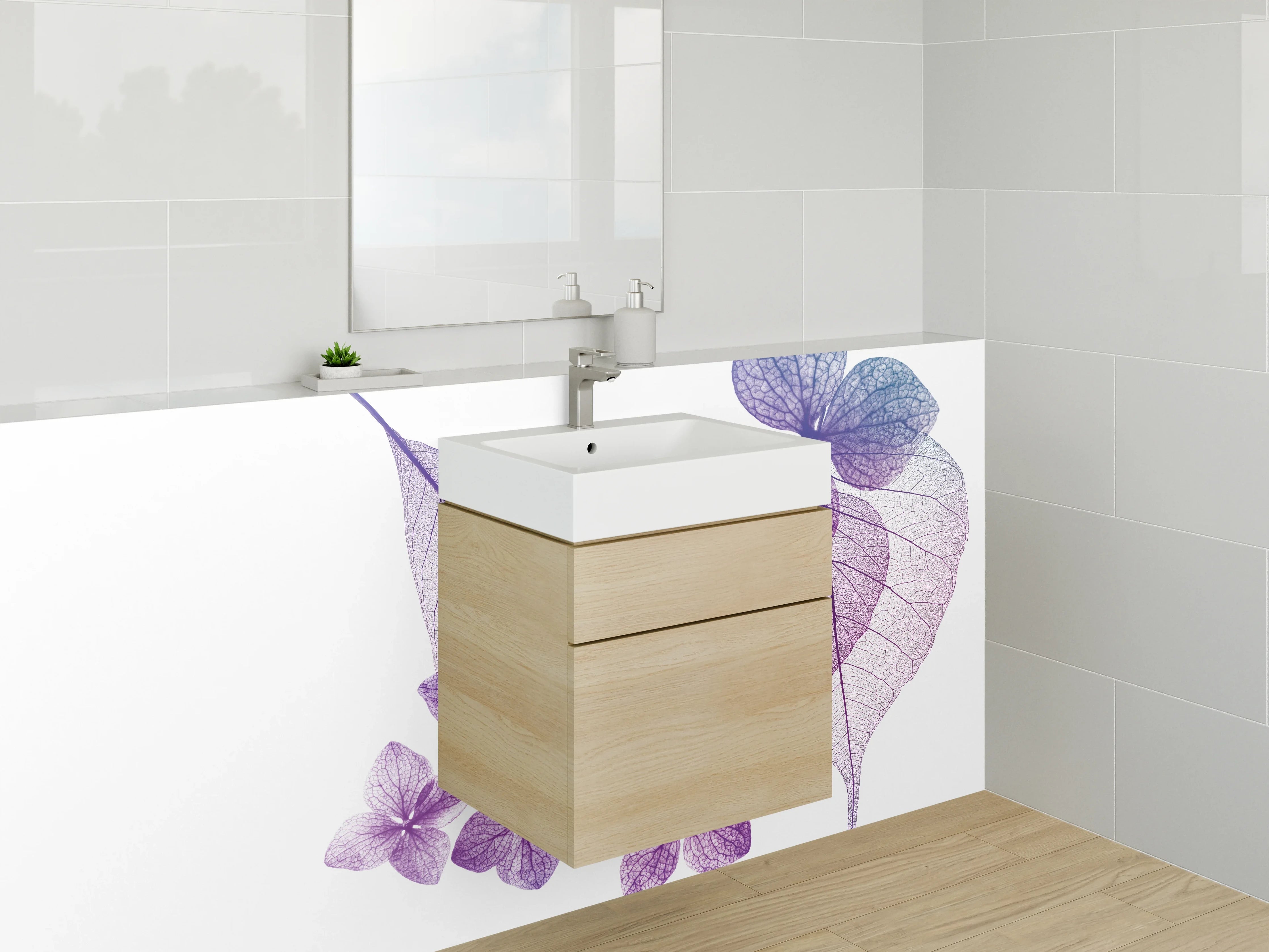 Waschbecken-Rückwand - Transparente Blätter in Violetttönen