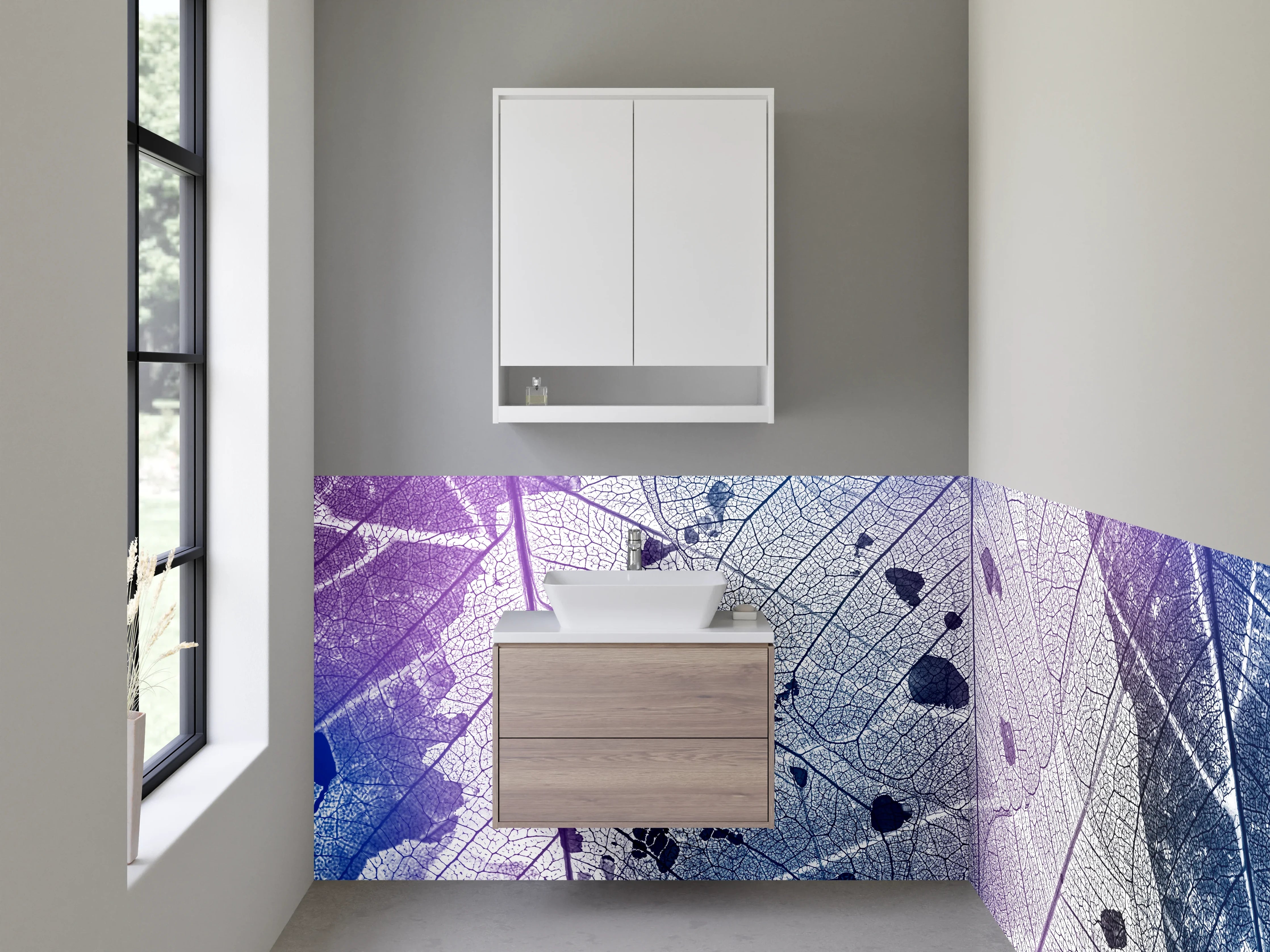 Waschbecken-Rückwand - Transparente Blattstruktur in Blau und Lila