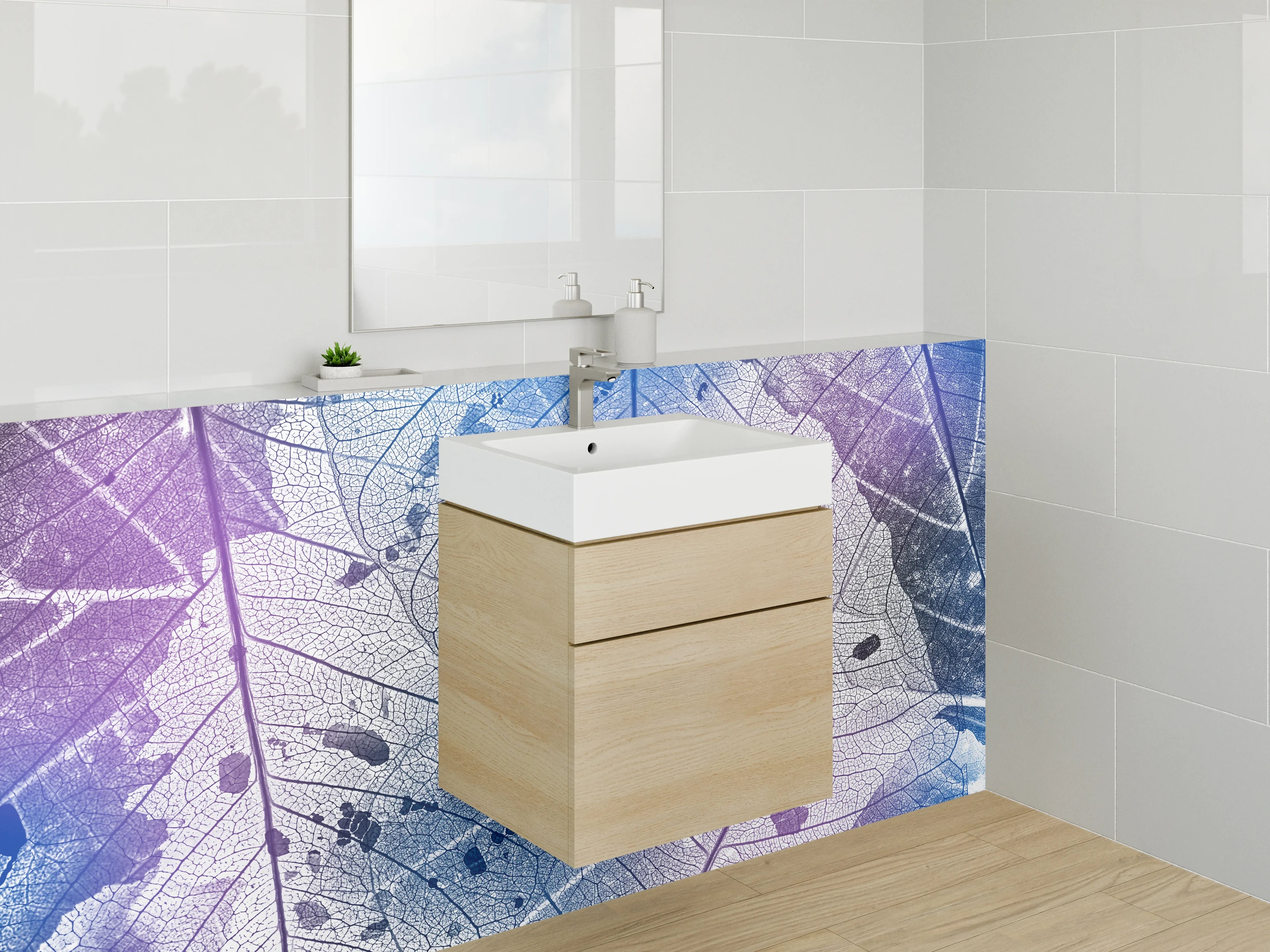 Waschbecken-Rückwand - Transparente Blattstruktur in Blau und Lila