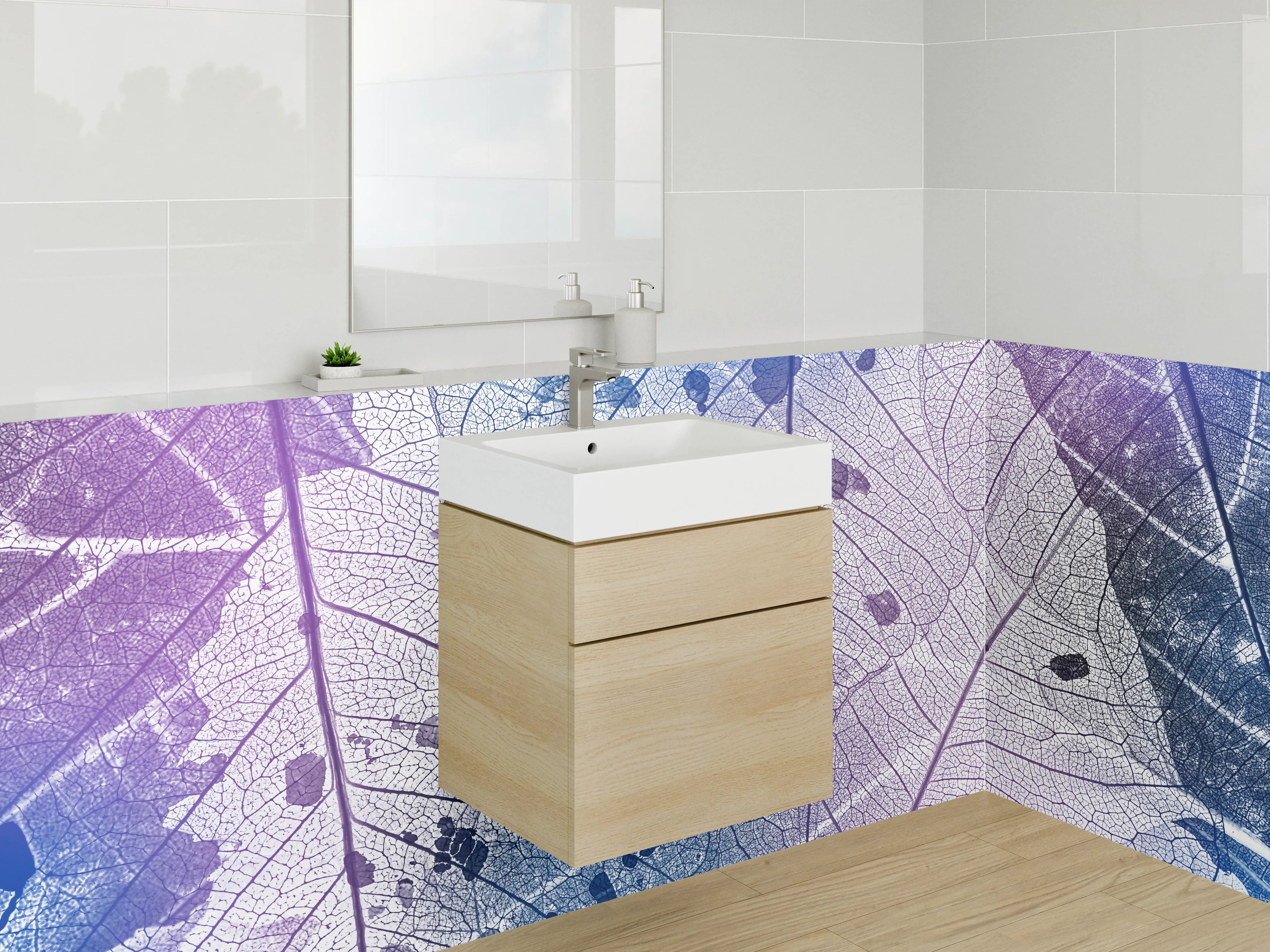 Waschbecken-Rückwand - Transparente Blattstruktur in Blau und Lila