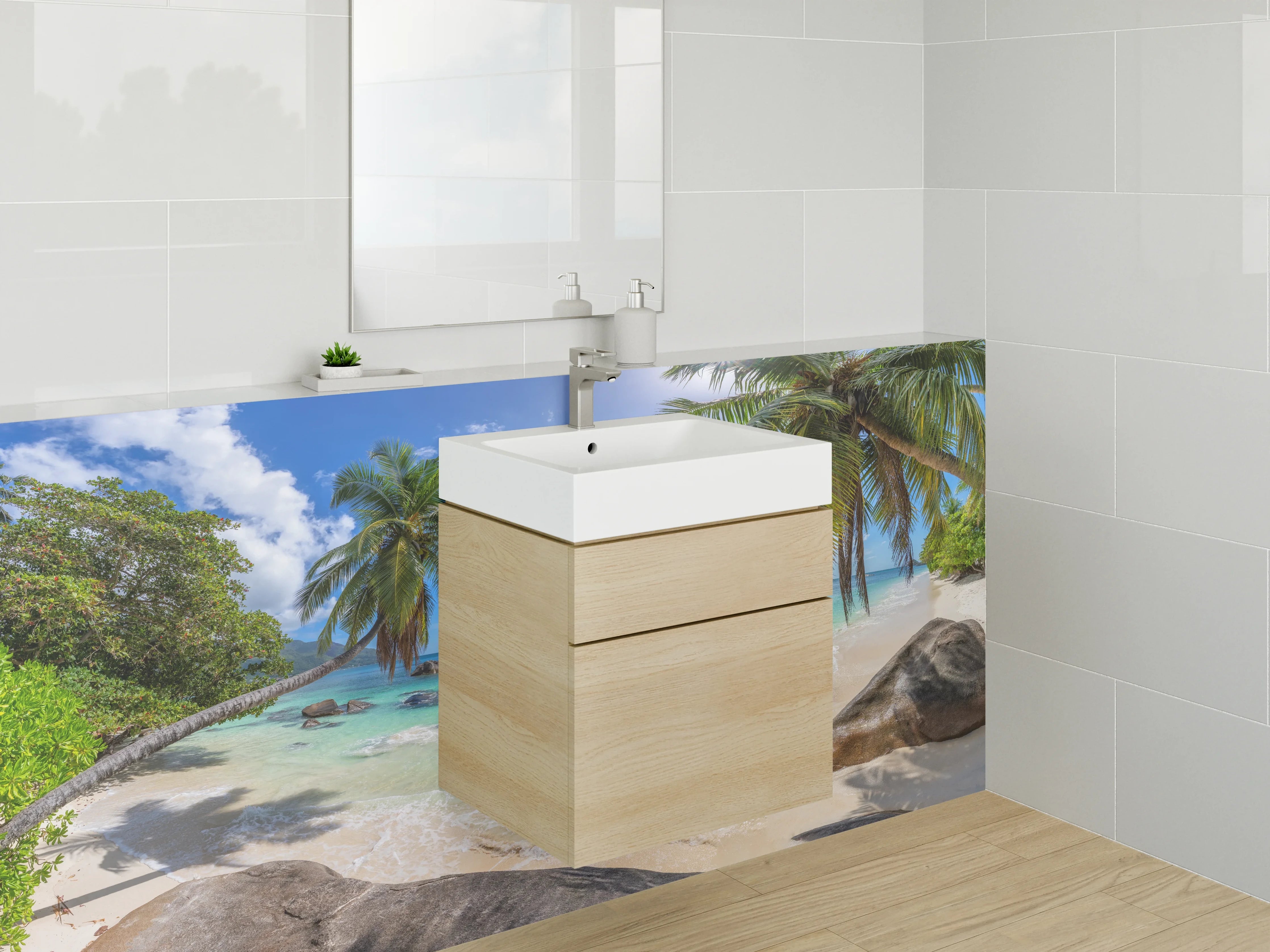 Waschbecken-Rückwand - Traumhafter Strand mit Palmen