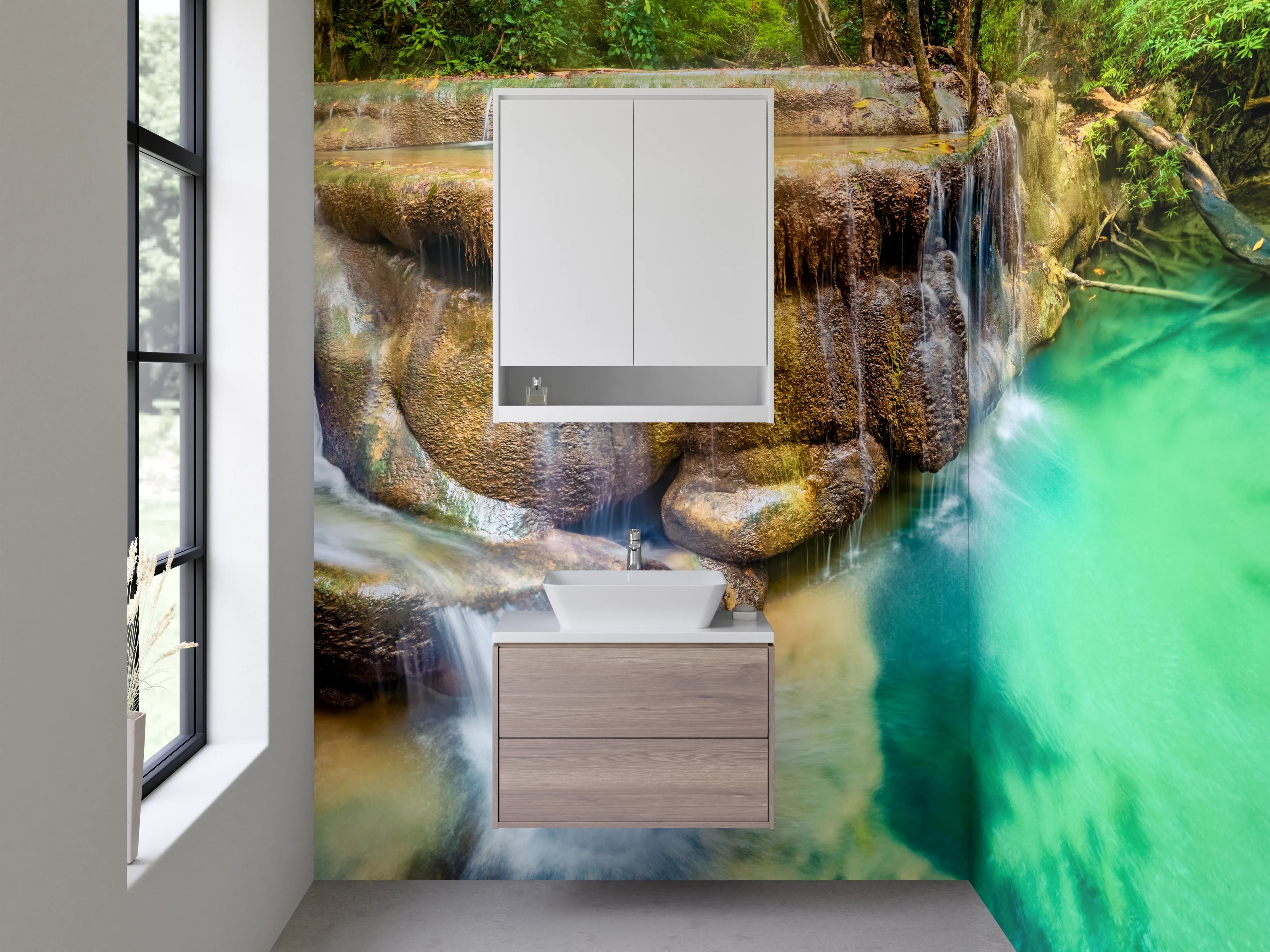 Waschbecken-Rückwand - Traumhafter Wasserfall im tropischen Wald