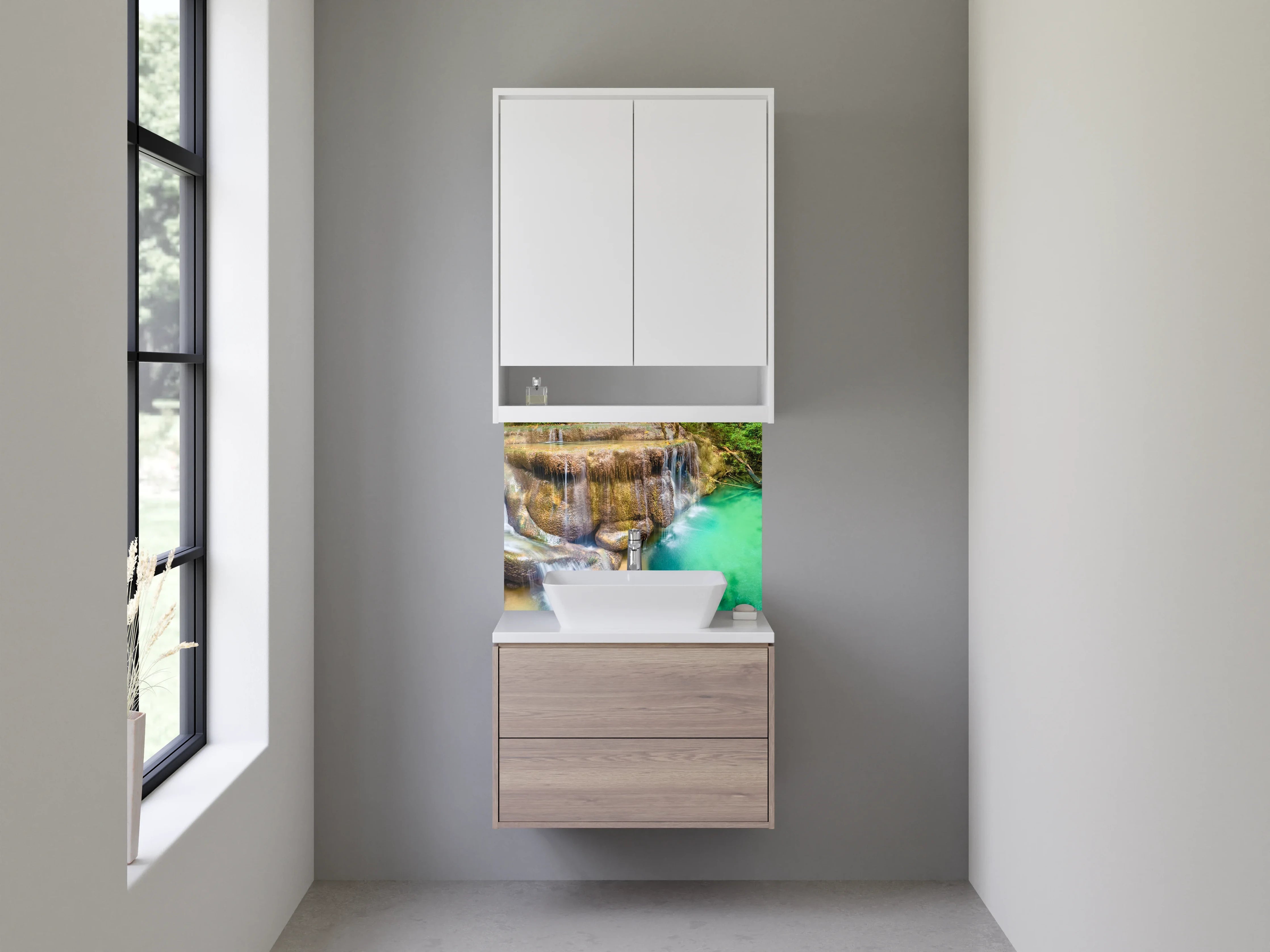 Waschbecken-Rückwand - Traumhafter Wasserfall im tropischen Wald