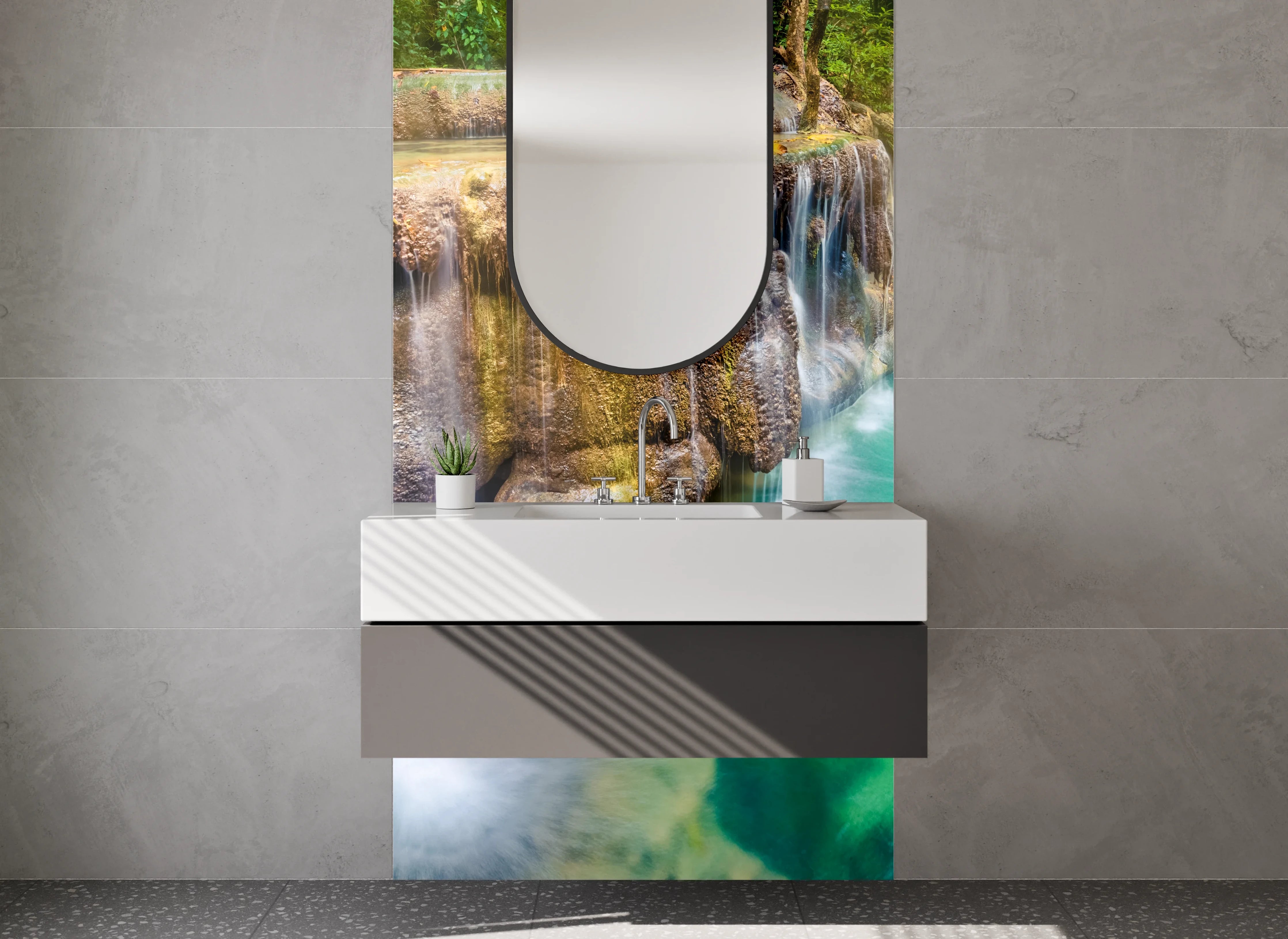 Waschbecken-Rückwand - Traumhafter Wasserfall im tropischen Wald