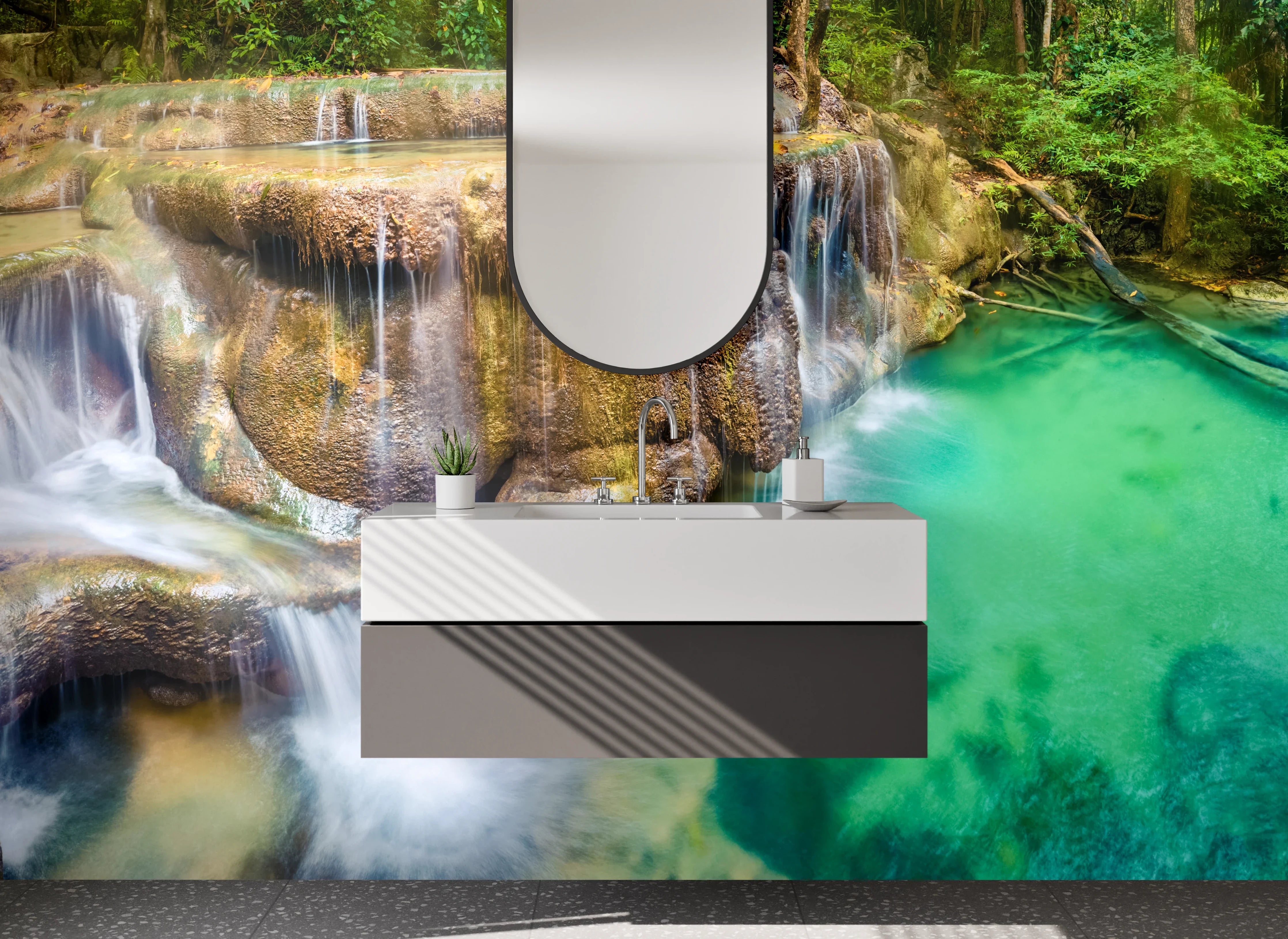 Waschbecken-Rückwand - Traumhafter Wasserfall im tropischen Wald
