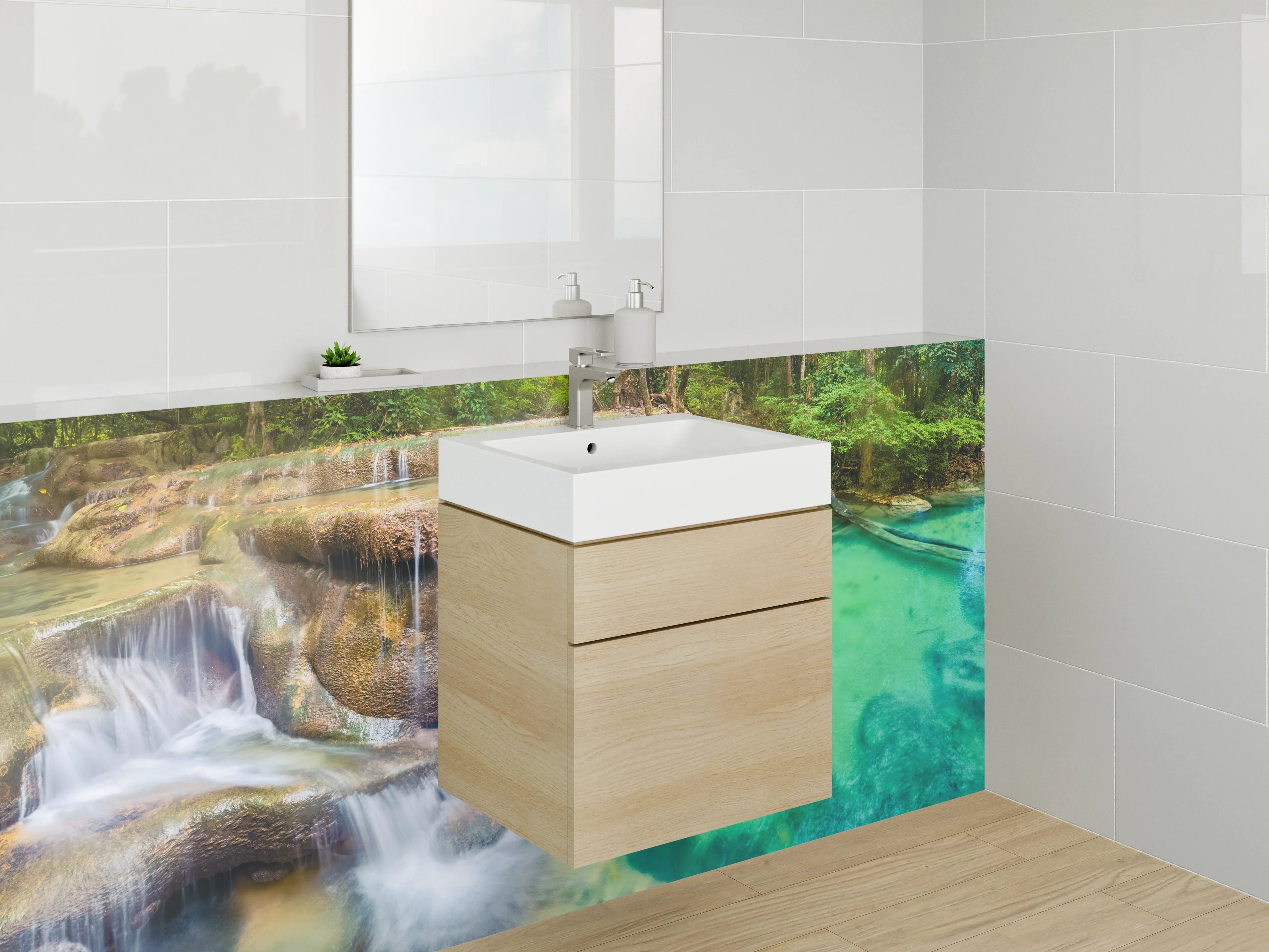 Waschbecken-Rückwand - Traumhafter Wasserfall im tropischen Wald