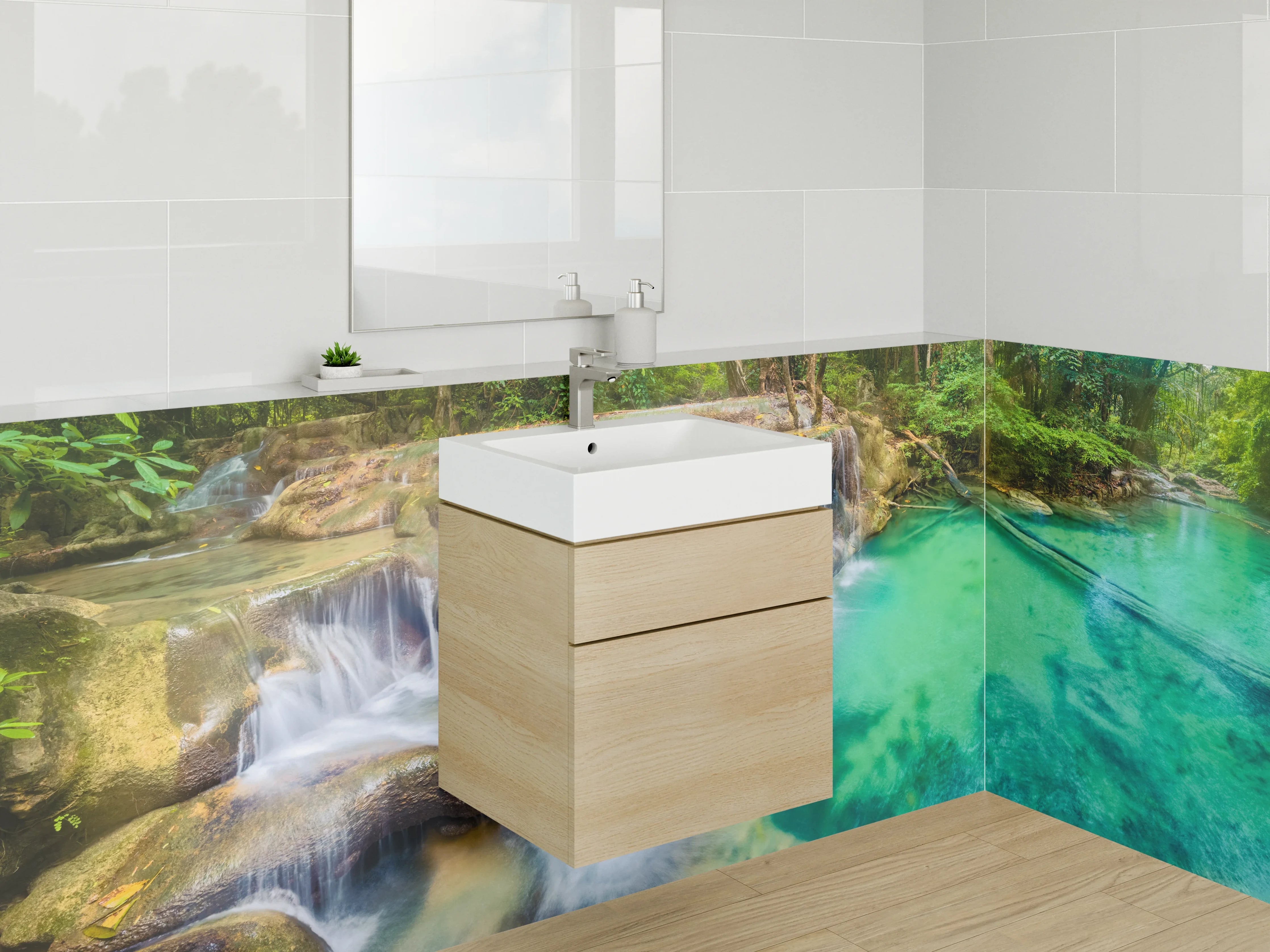 Waschbecken-Rückwand - Traumhafter Wasserfall im tropischen Wald