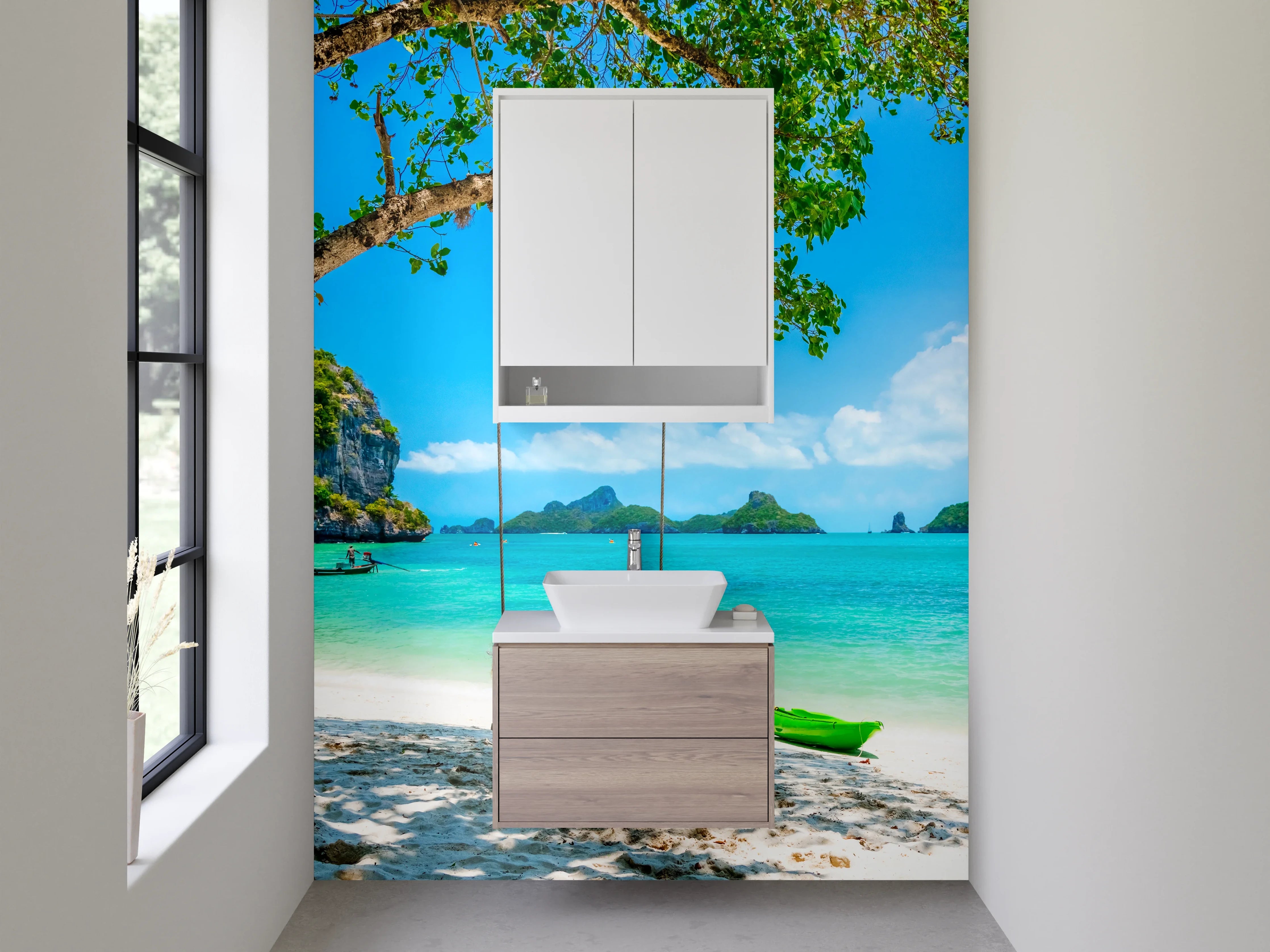 Waschbecken-Rückwand - Traumstrand mit Schaukel am türkisblauen Meer