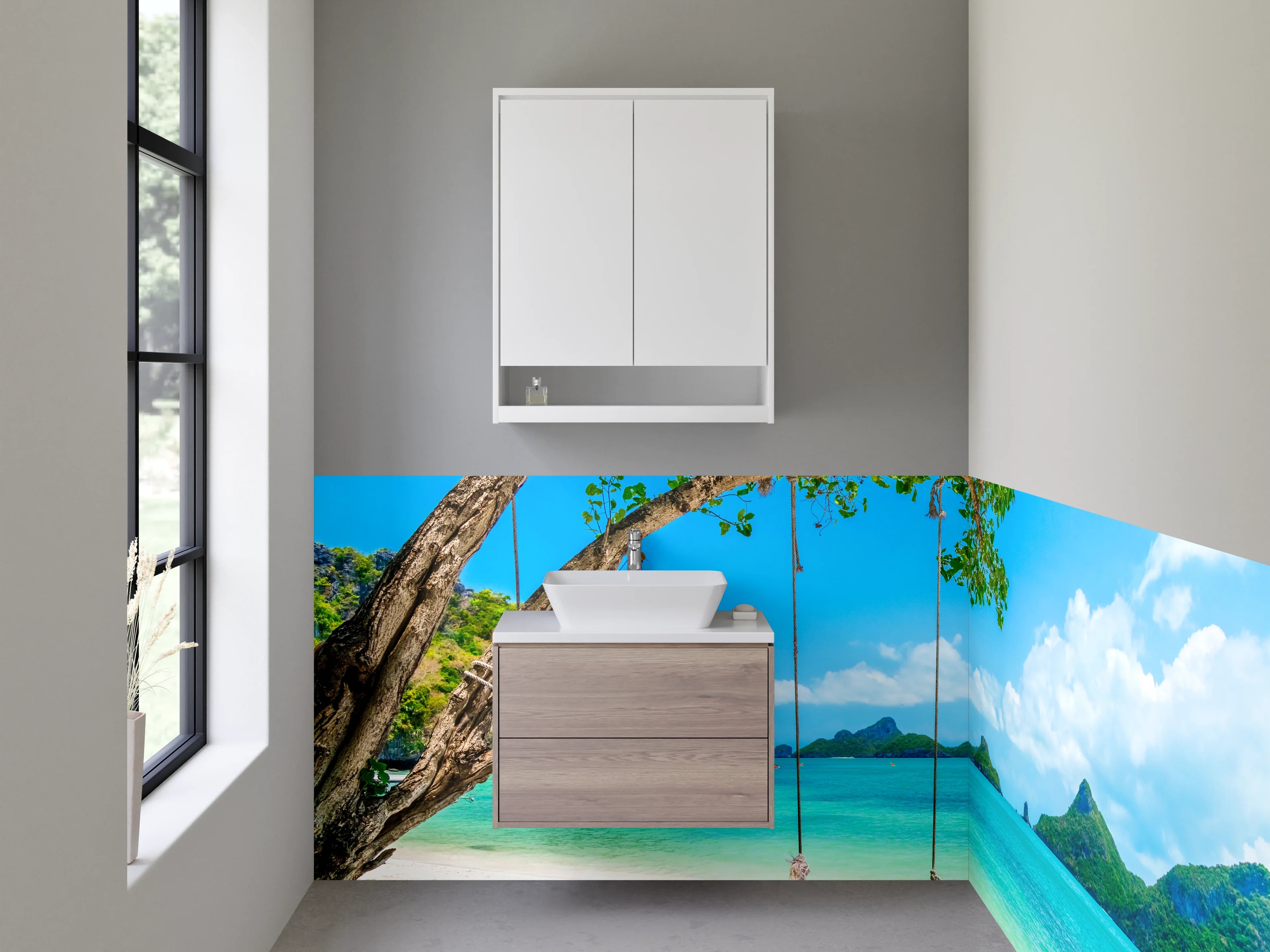 Waschbecken-Rückwand - Traumstrand mit Schaukel am türkisblauen Meer