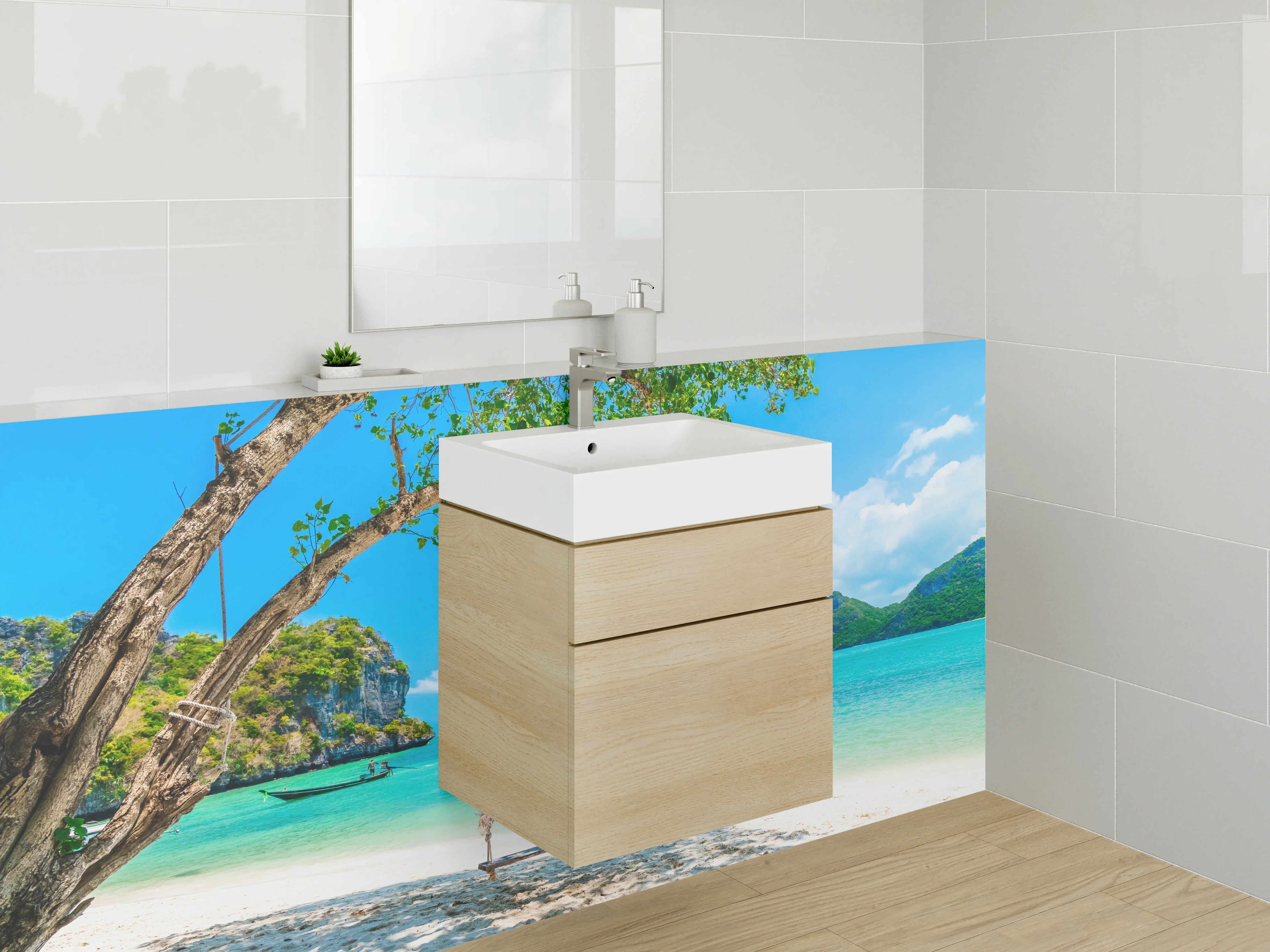 Waschbecken-Rückwand - Traumstrand mit Schaukel am türkisblauen Meer