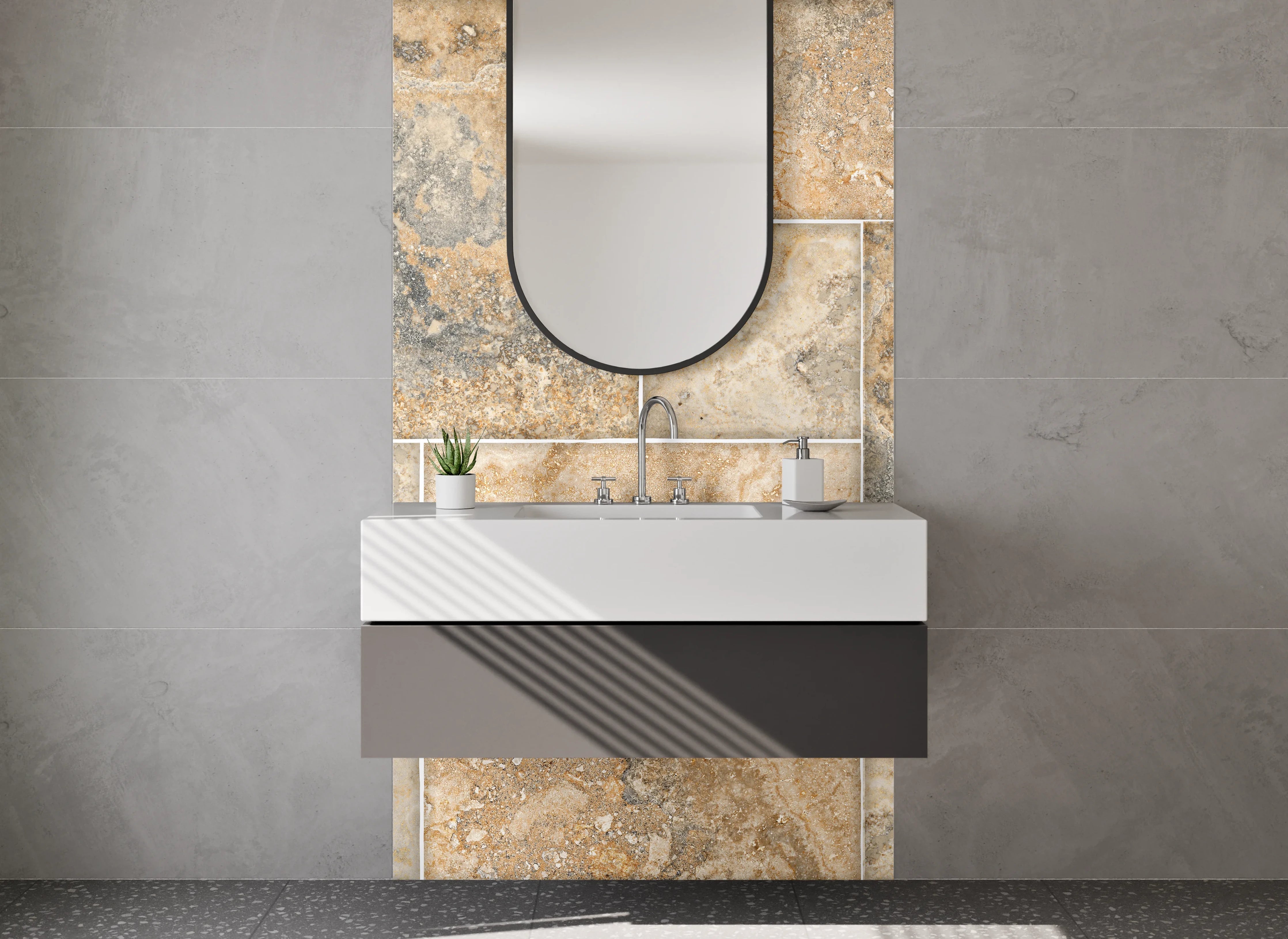 Waschbecken-Rückwand - Travertin Mosaikfliesen Beige Grau