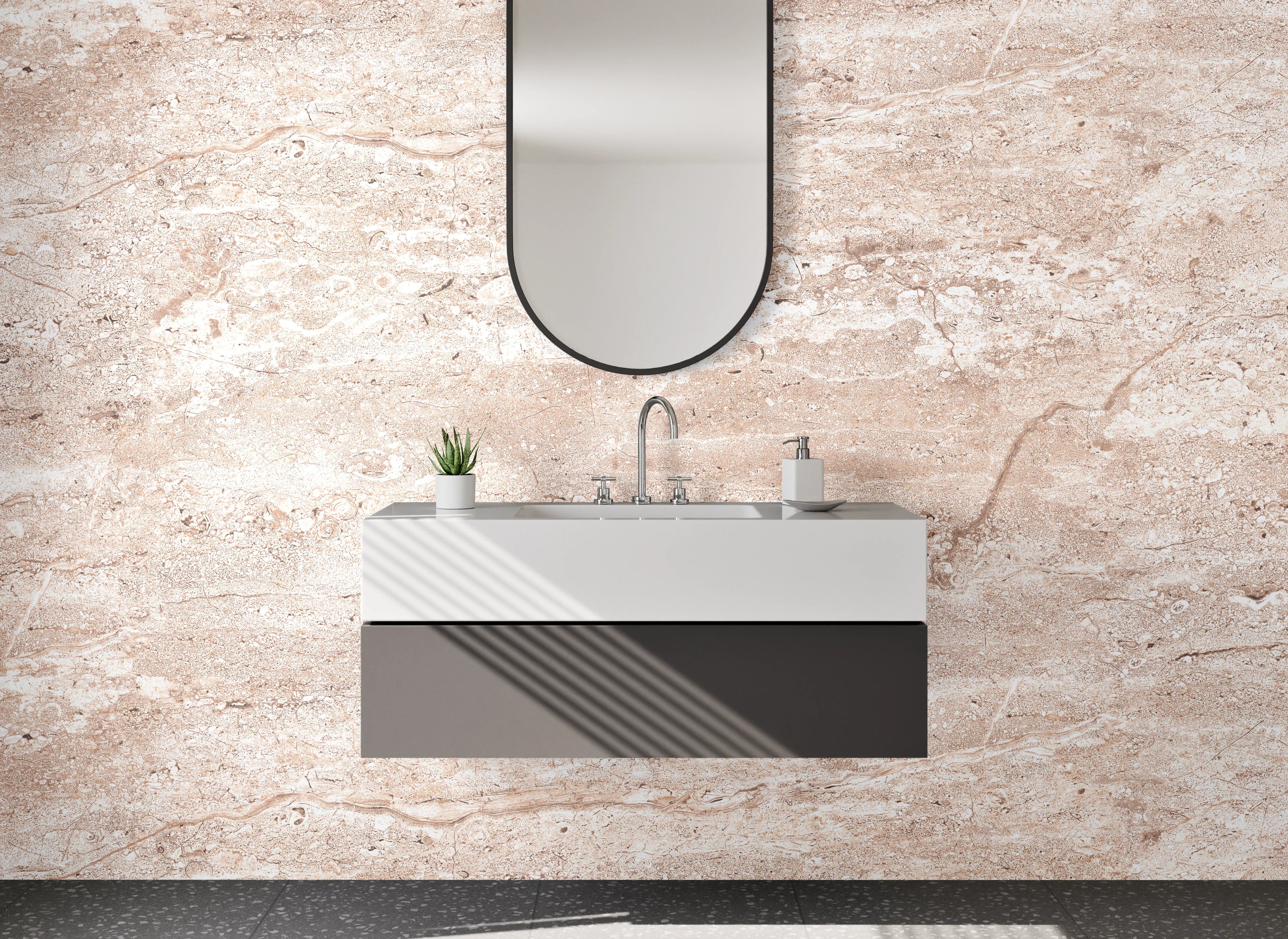 Waschbecken-Rückwand - Travertin-Optik Beige Fliesen