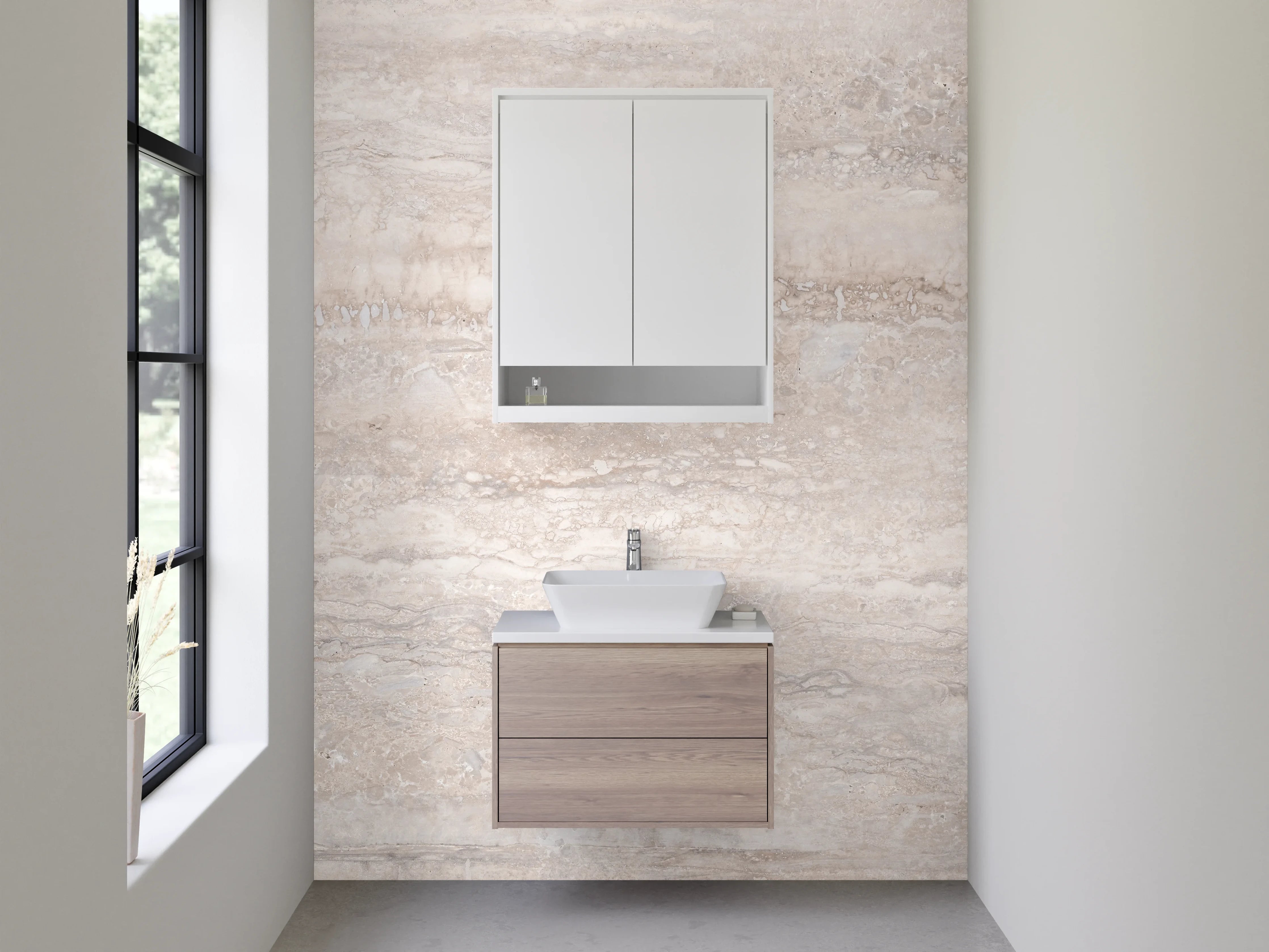 Waschbecken-Rückwand - Travertinoptik Fliese Beige Grau Weiß