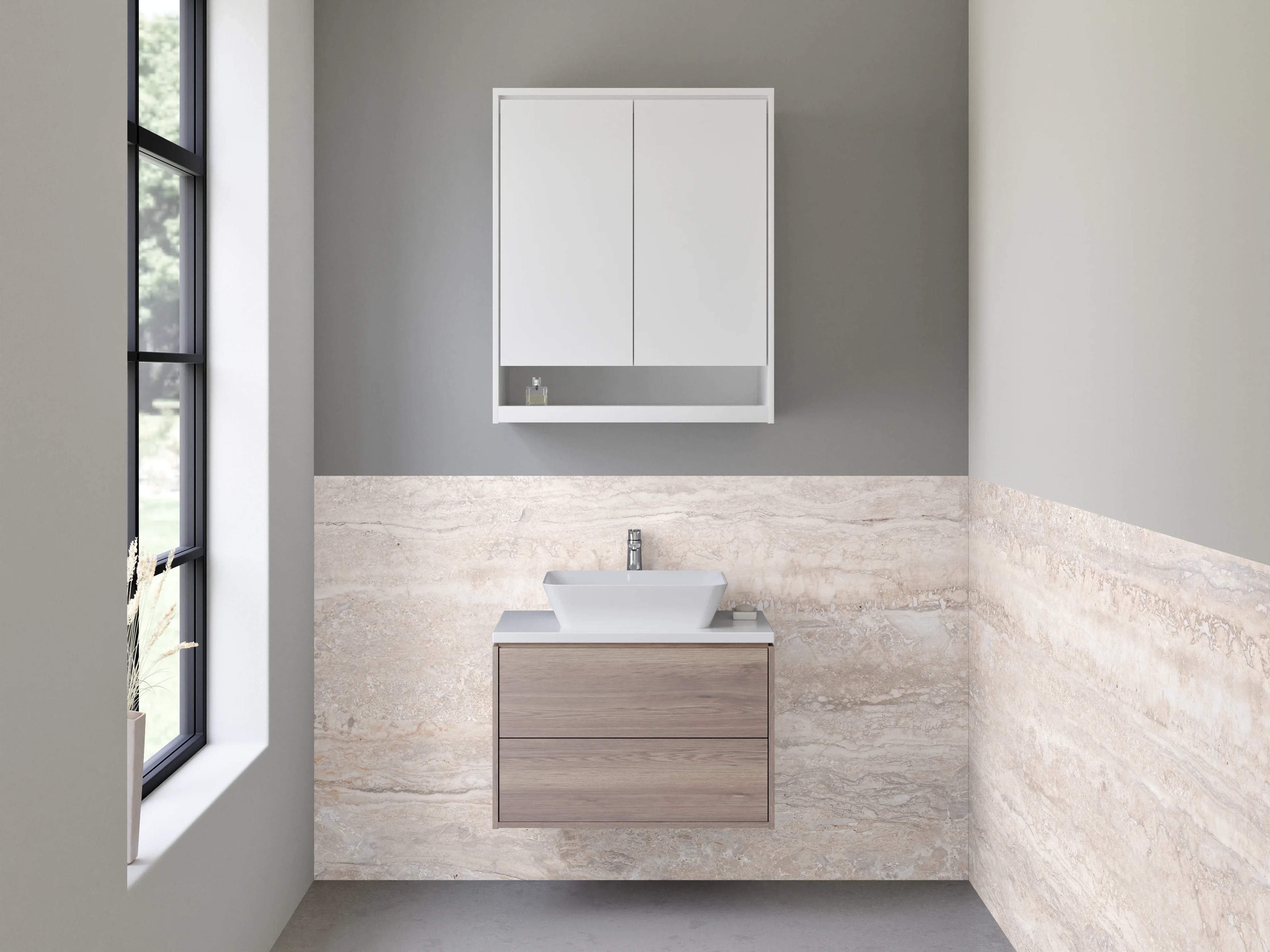 Waschbecken-Rückwand - Travertinoptik Fliese Beige Grau Weiß