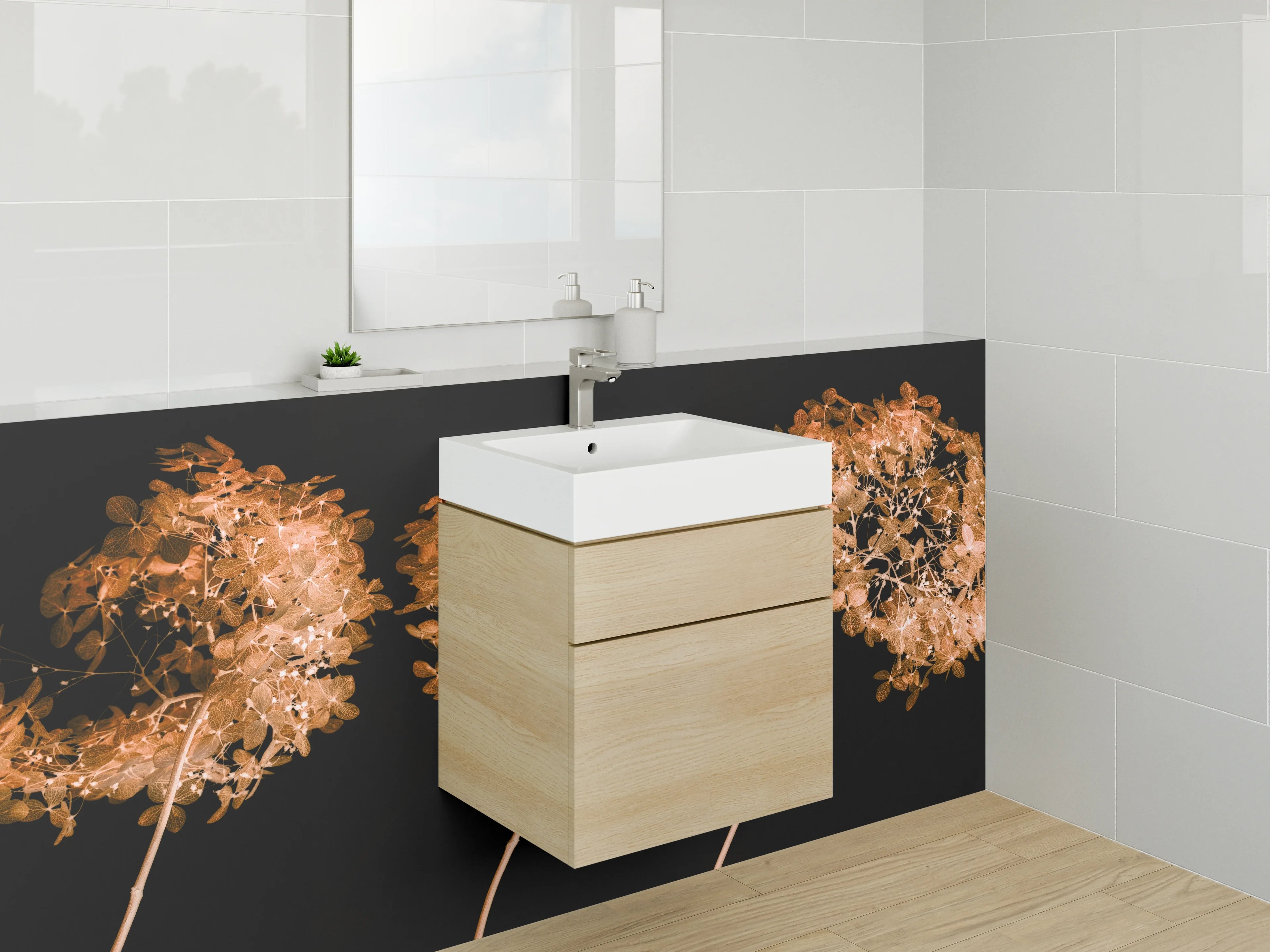 Waschbecken-Rückwand - Trockenblumen Kunst auf Schwarz
