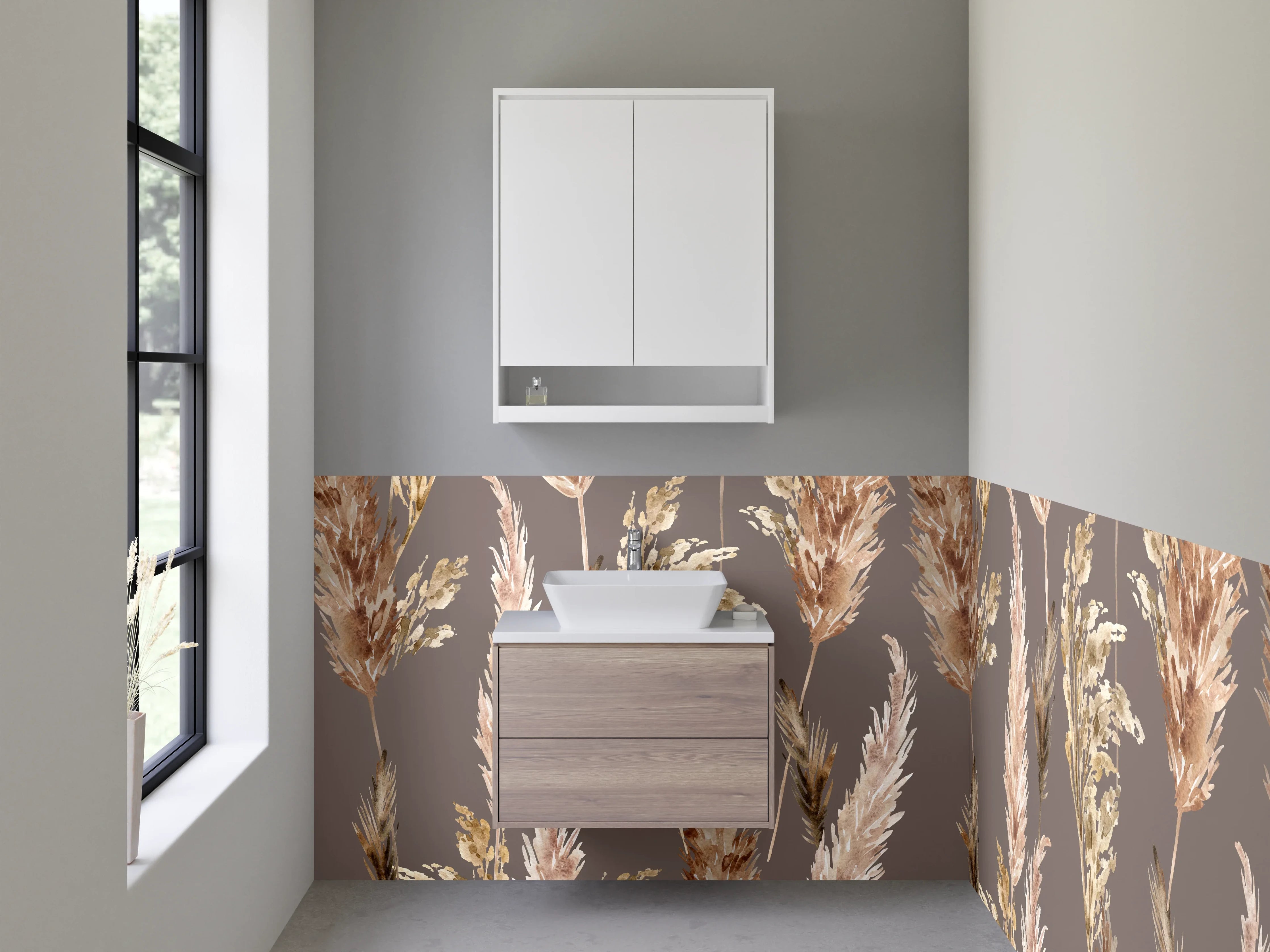 Waschbecken-Rückwand - Trockenblumen Pampasgras Muster Braun Beige
