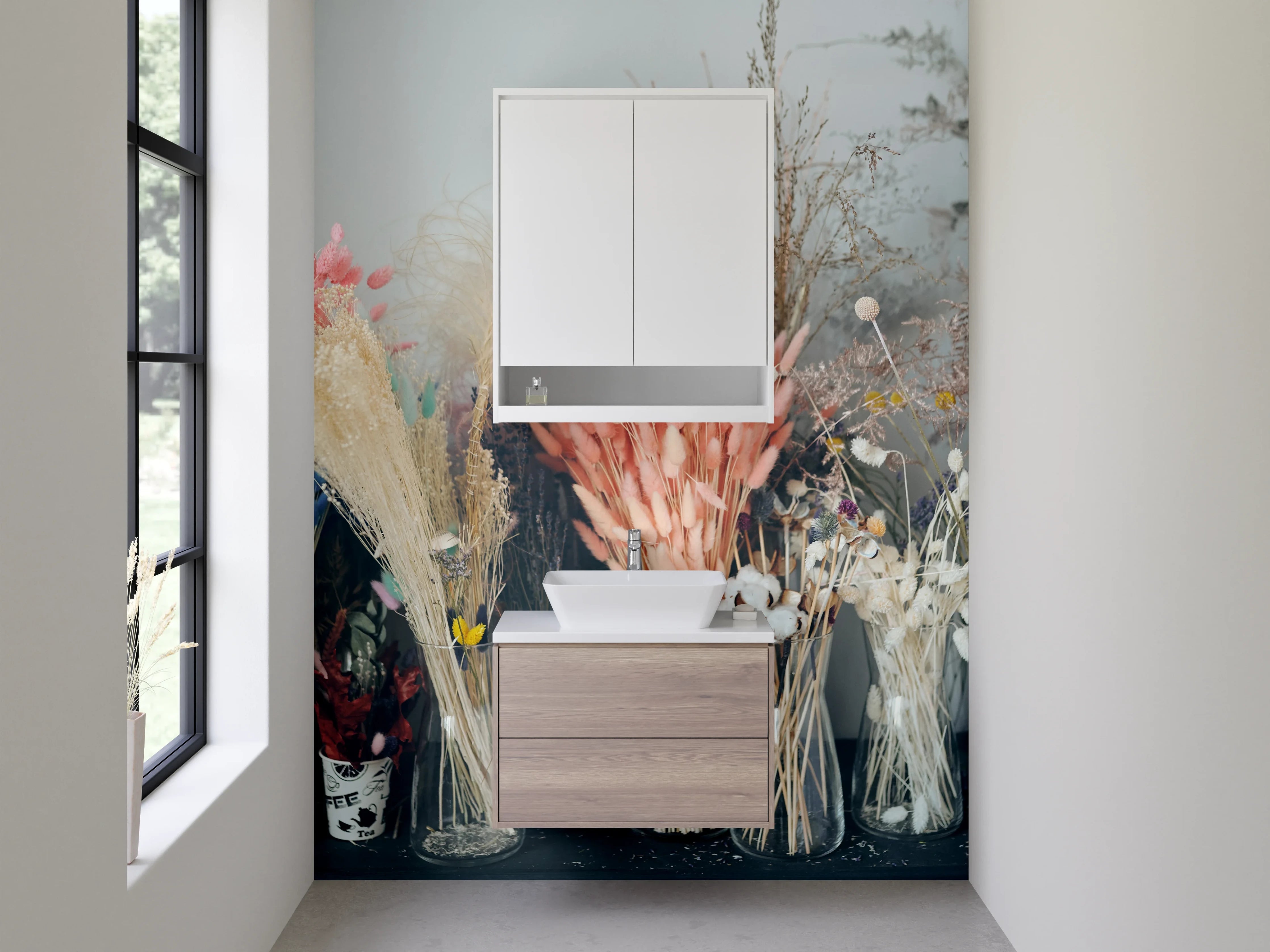 Waschbecken-Rückwand - Trockenblumenstrauß in zarten Pastelltönen
