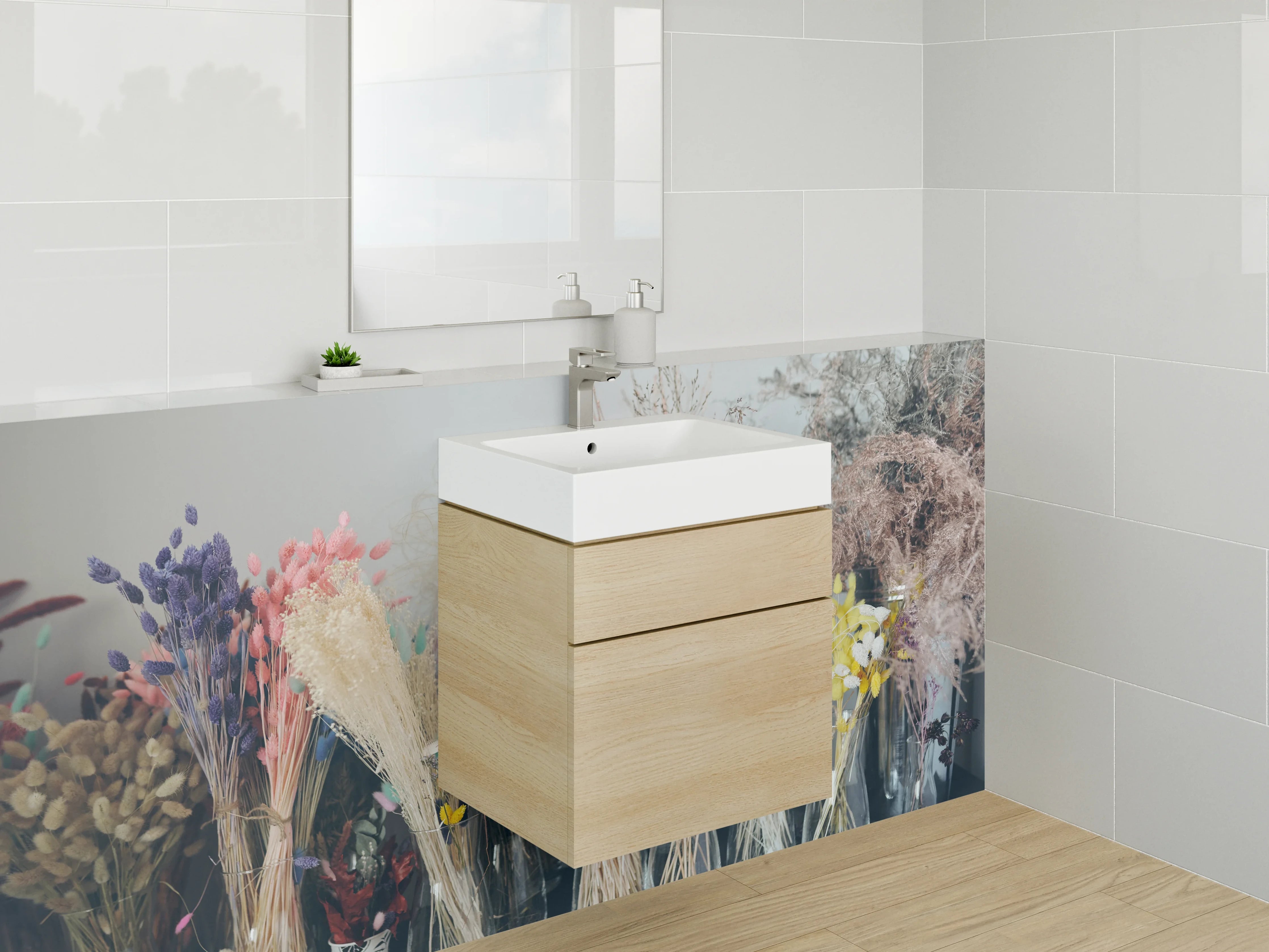 Waschbecken-Rückwand - Trockenblumenstrauß in zarten Pastelltönen