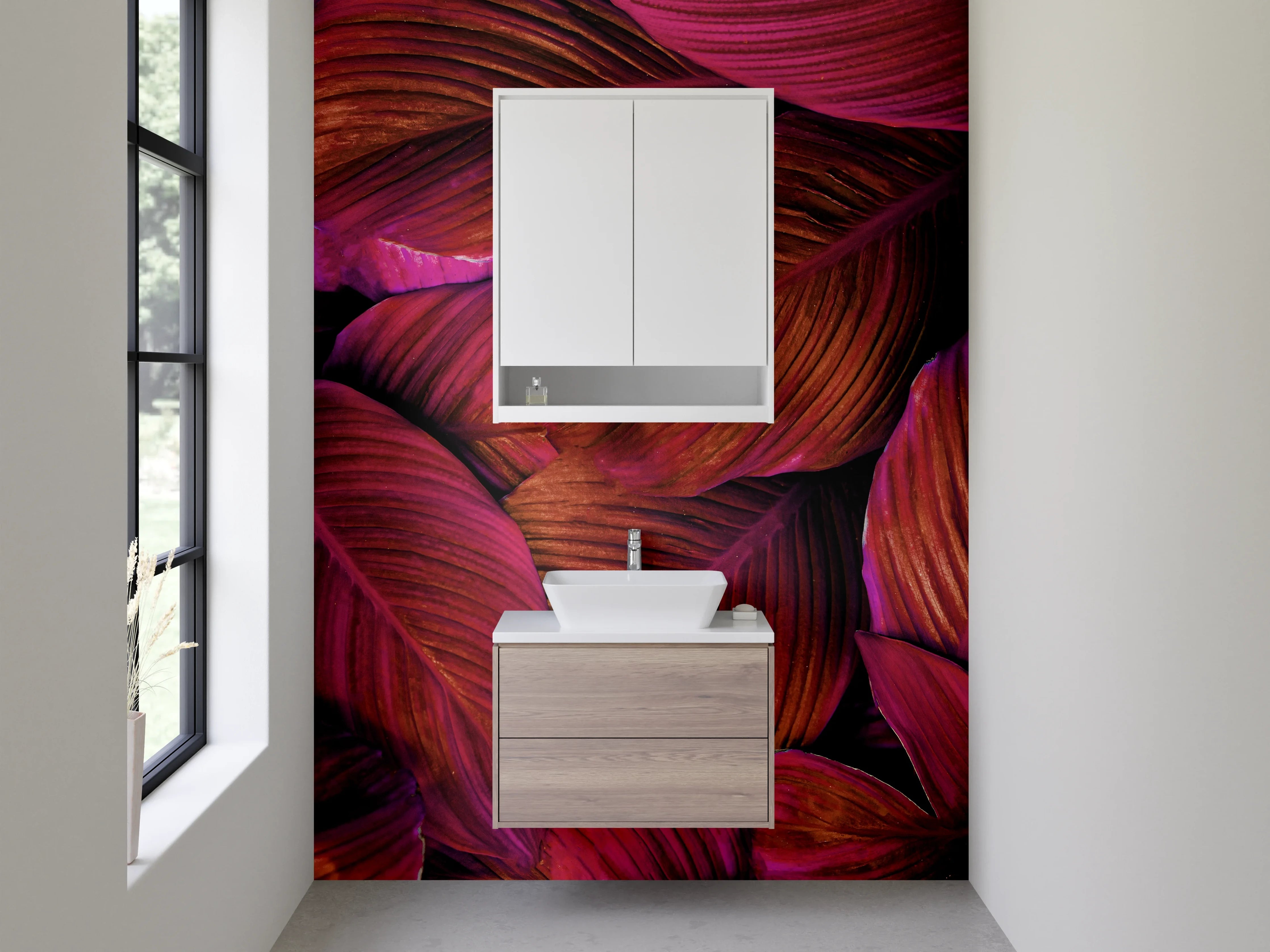 Waschbecken-Rückwand - Tropische Blätter in Magenta-Lila