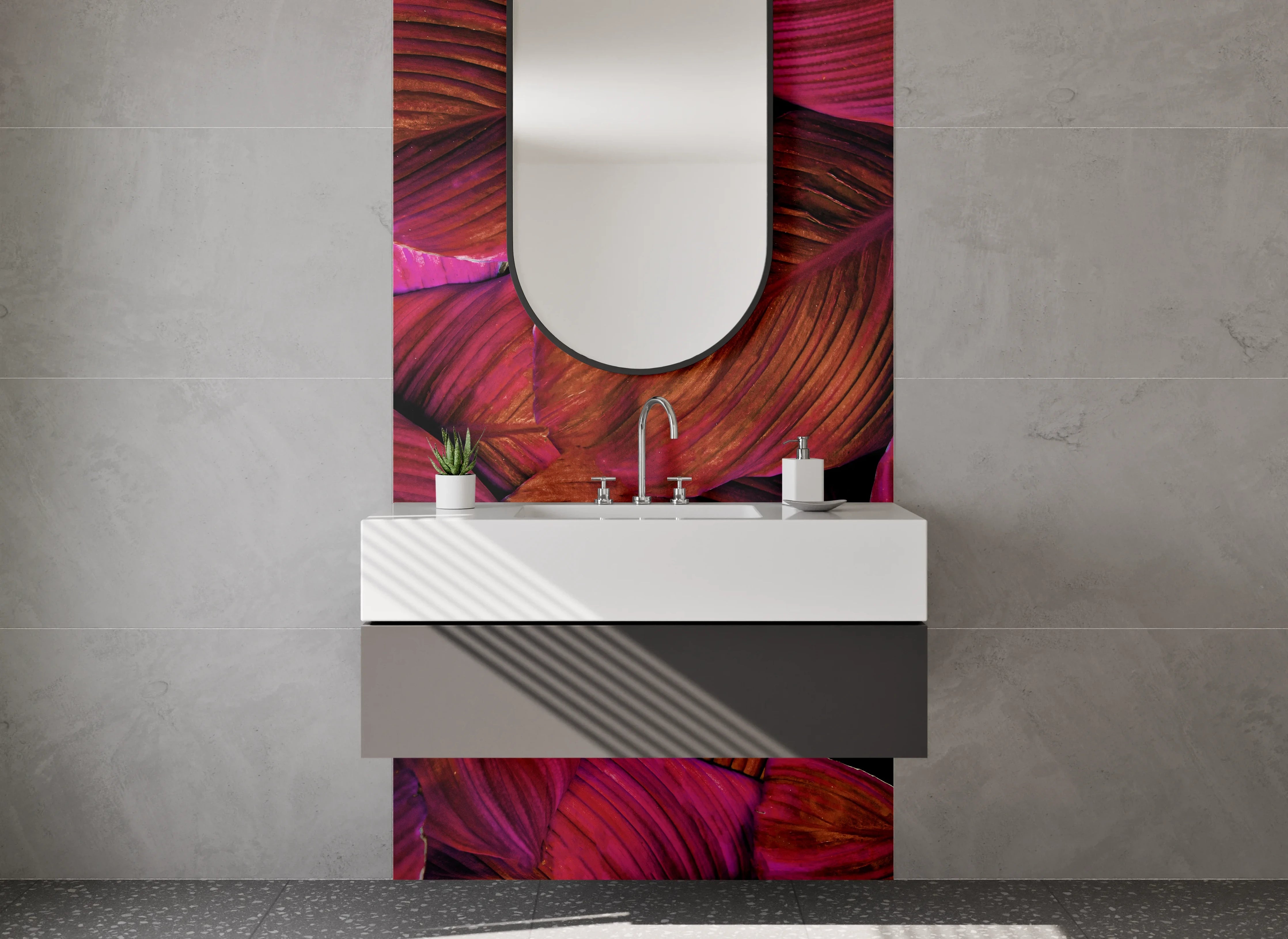Waschbecken-Rückwand - Tropische Blätter in Magenta-Lila
