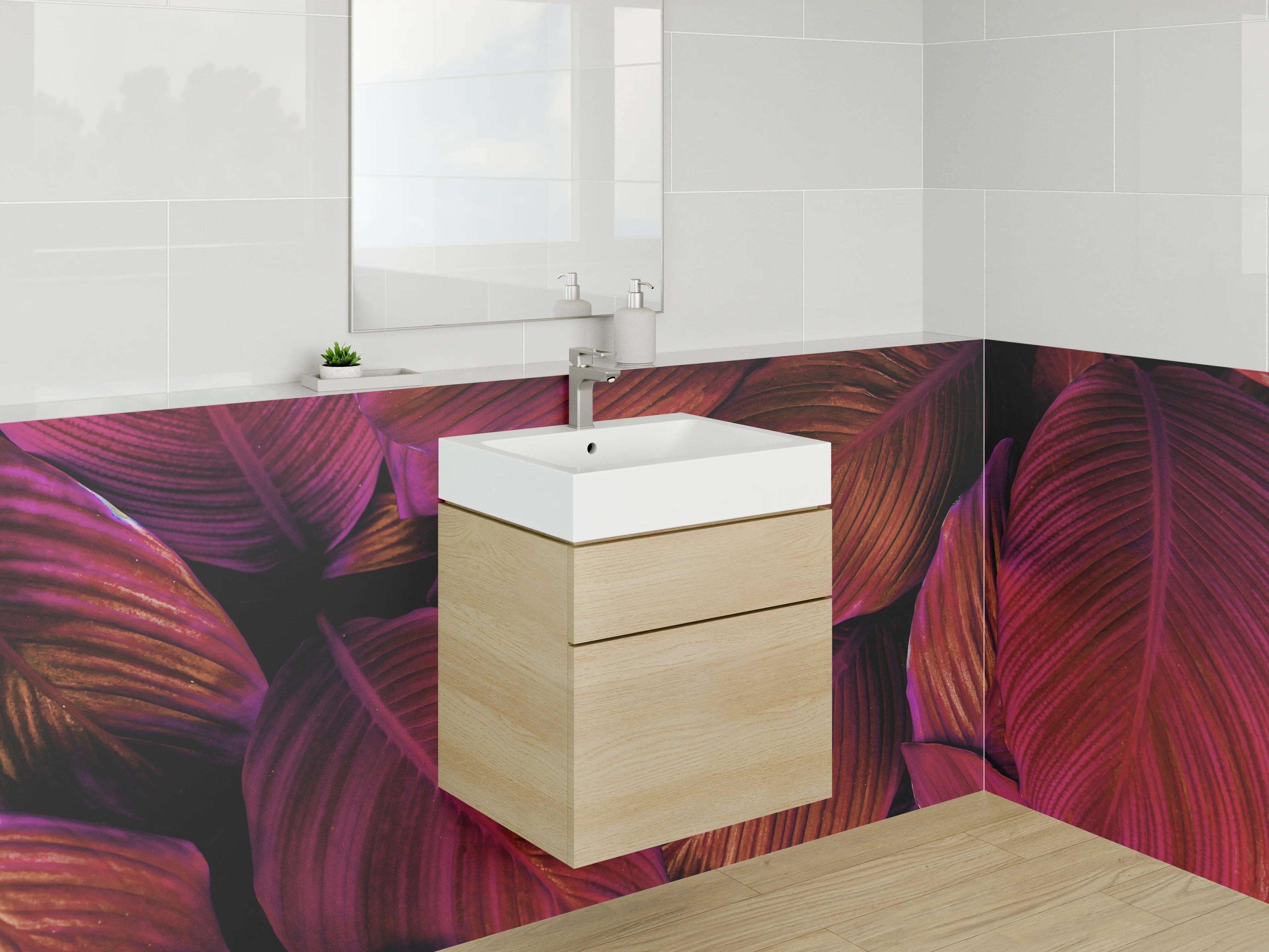 Waschbecken-Rückwand - Tropische Blätter in Magenta-Lila