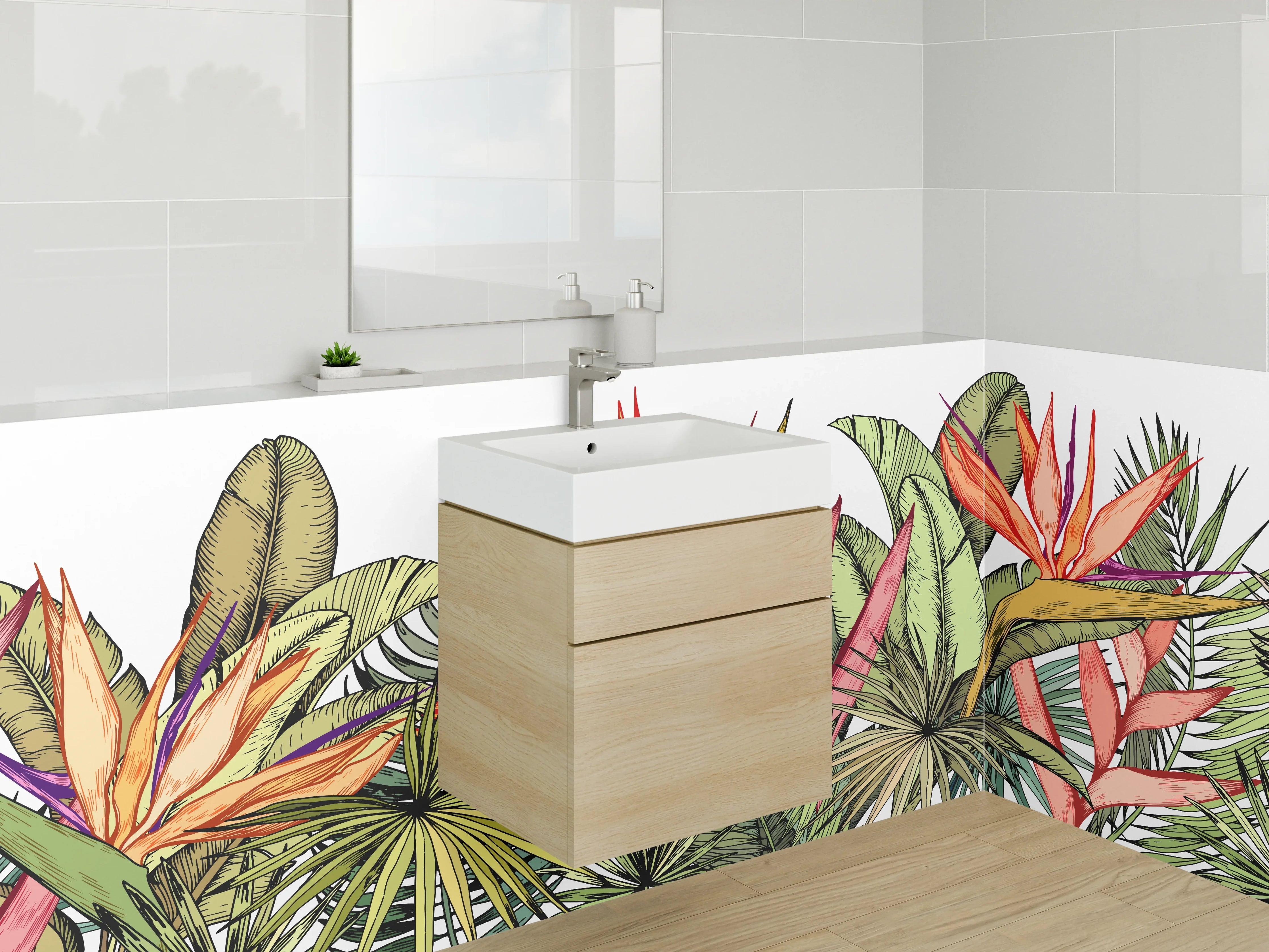 Waschbecken-Rückwand - Tropische Blumen Aquarell Illustration