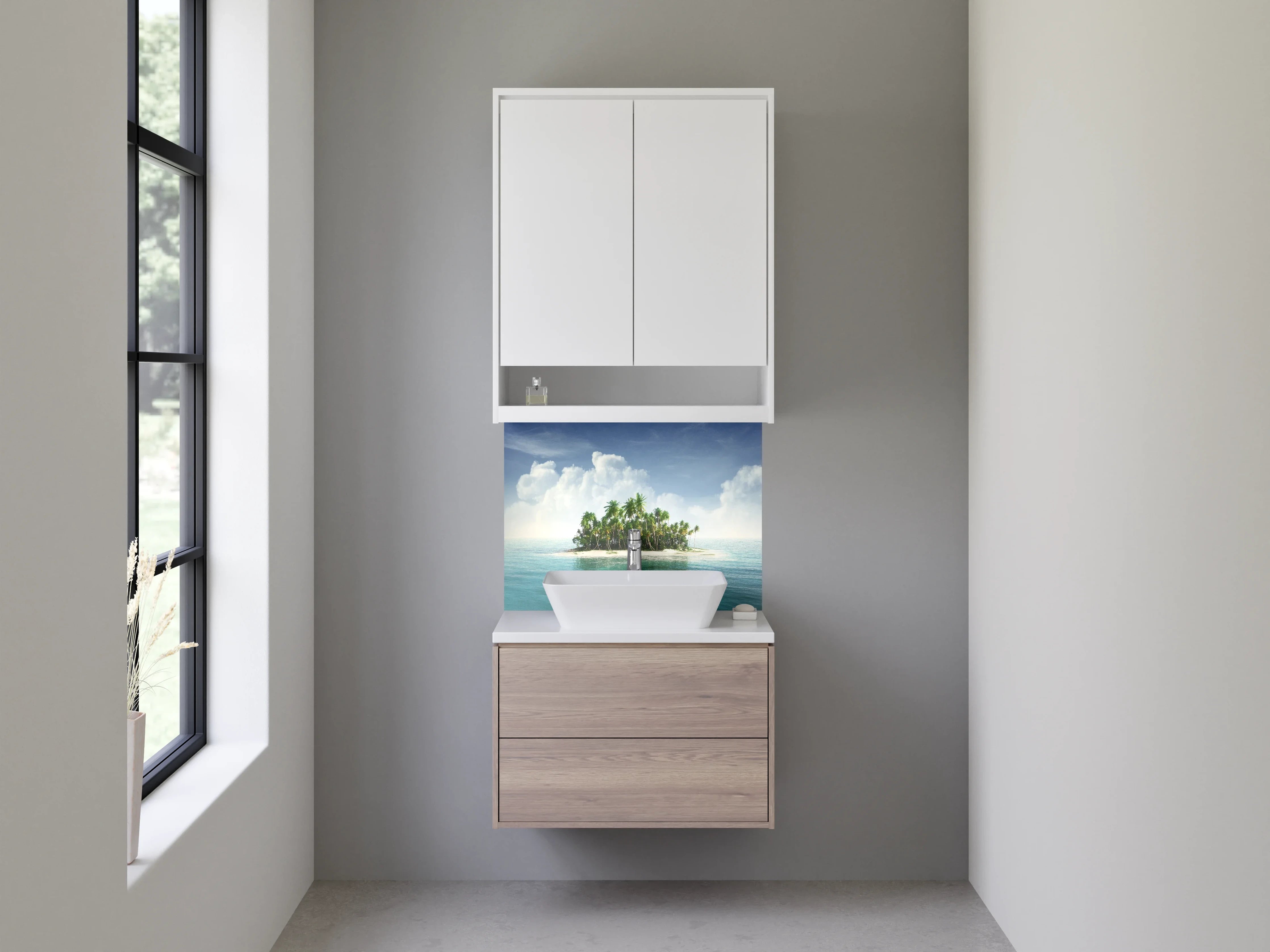 Waschbecken-Rückwand - Tropische Insel mit Palmen