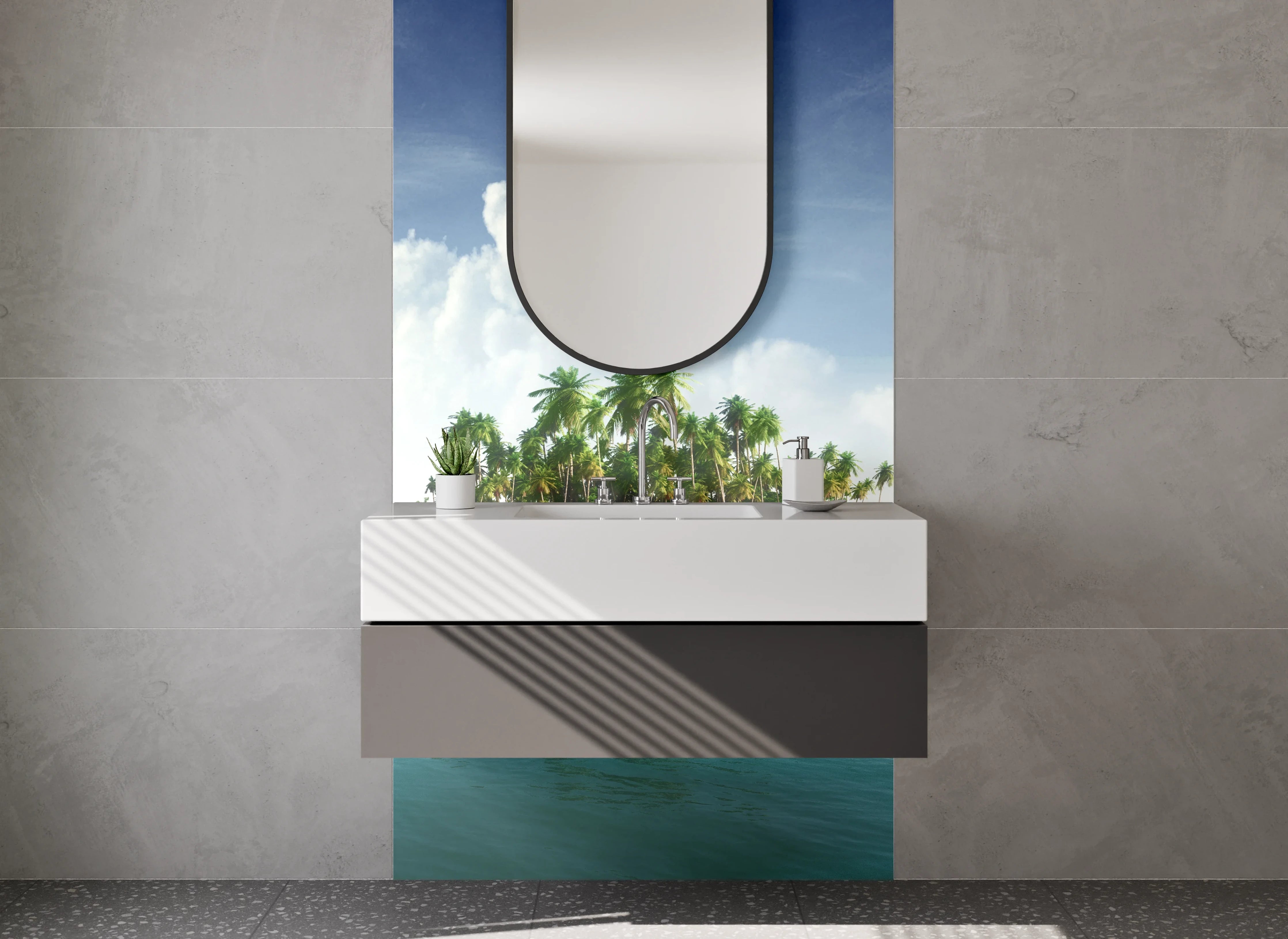 Waschbecken-Rückwand - Tropische Insel mit Palmen