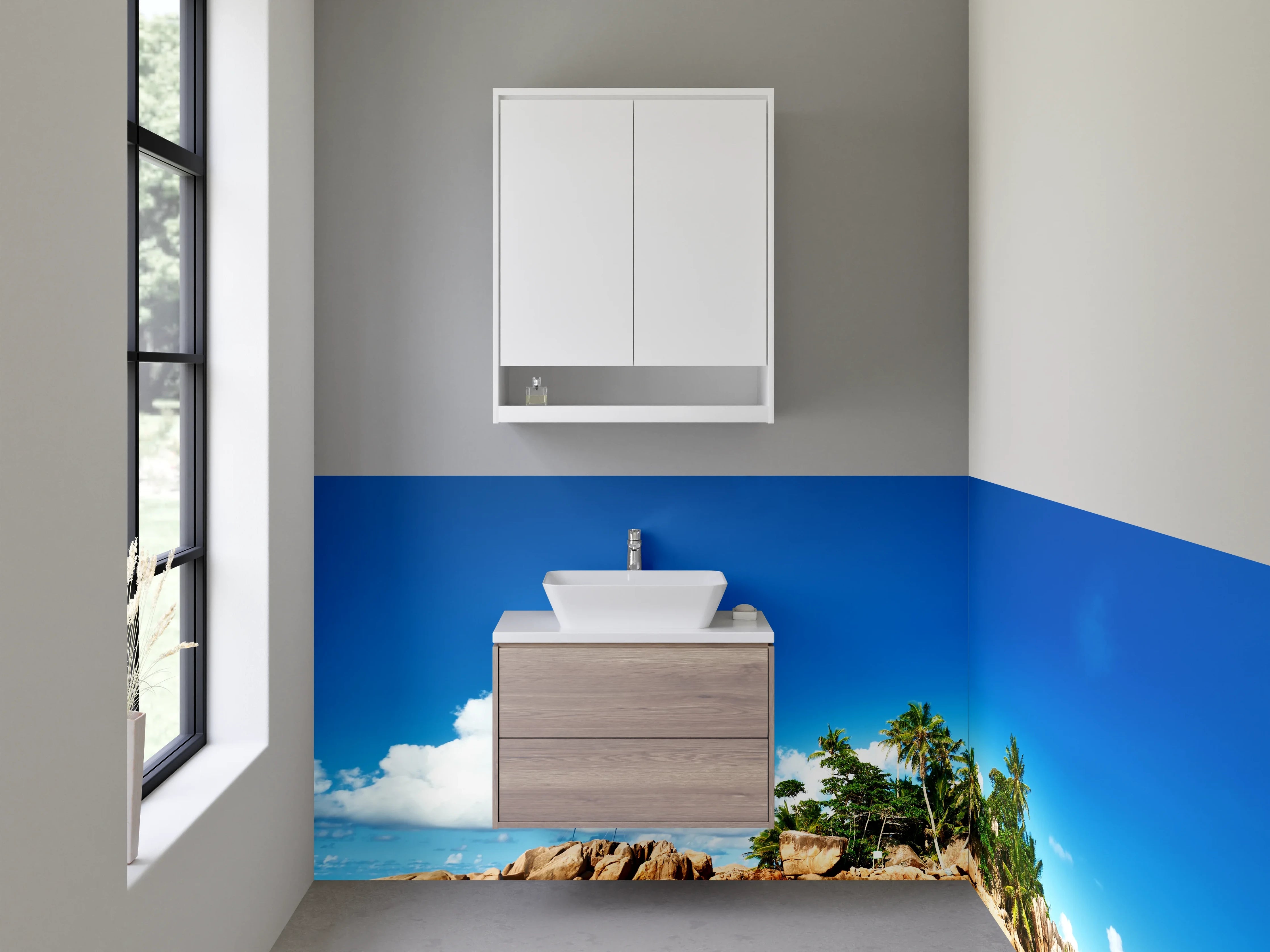 Waschbecken-Rückwand - Tropische Insel mit Palmen und Felsen im blauen Meer