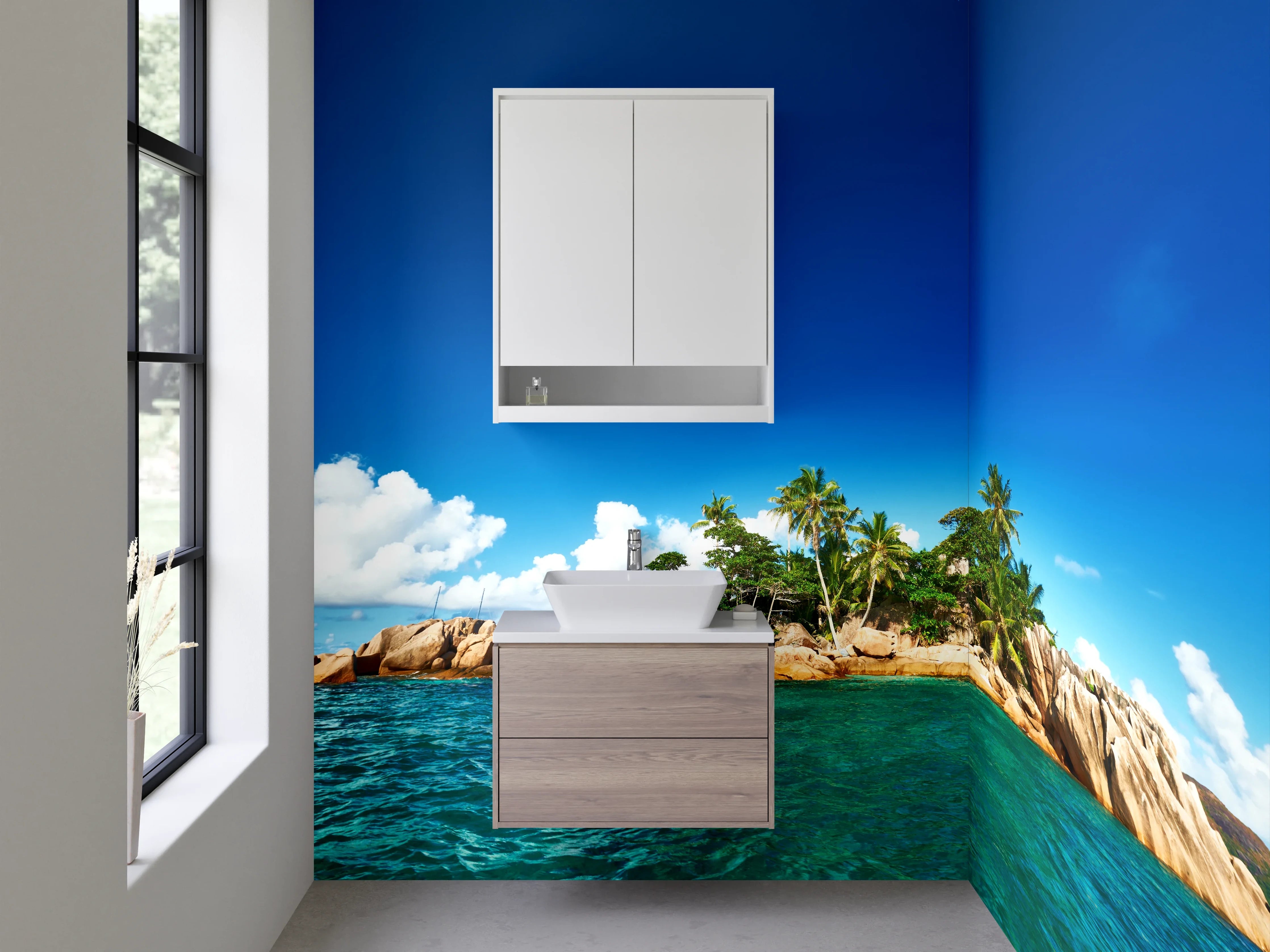 Waschbecken-Rückwand - Tropische Insel mit Palmen und Felsen im blauen Meer