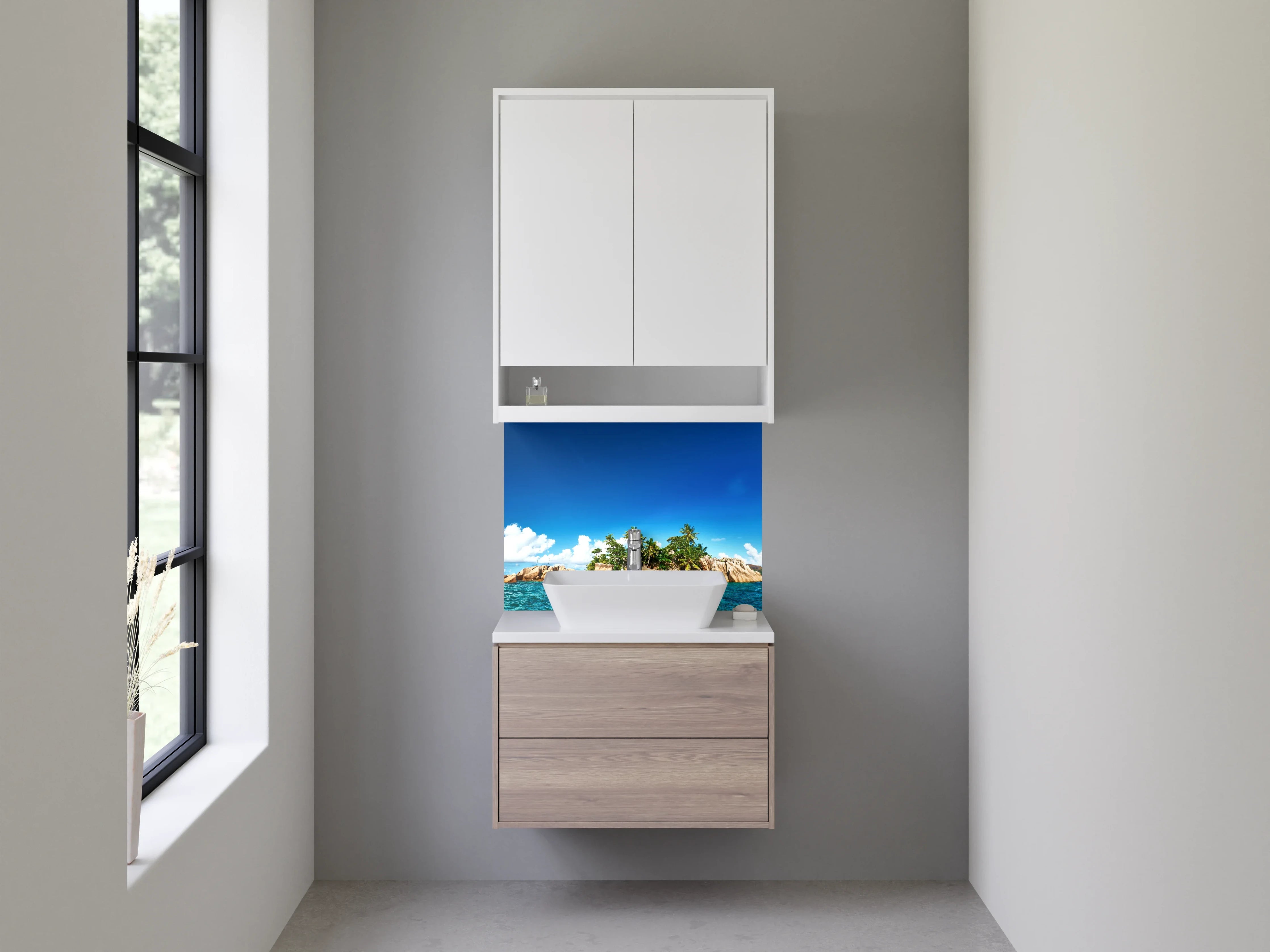 Waschbecken-Rückwand - Tropische Insel mit Palmen und Felsen im blauen Meer