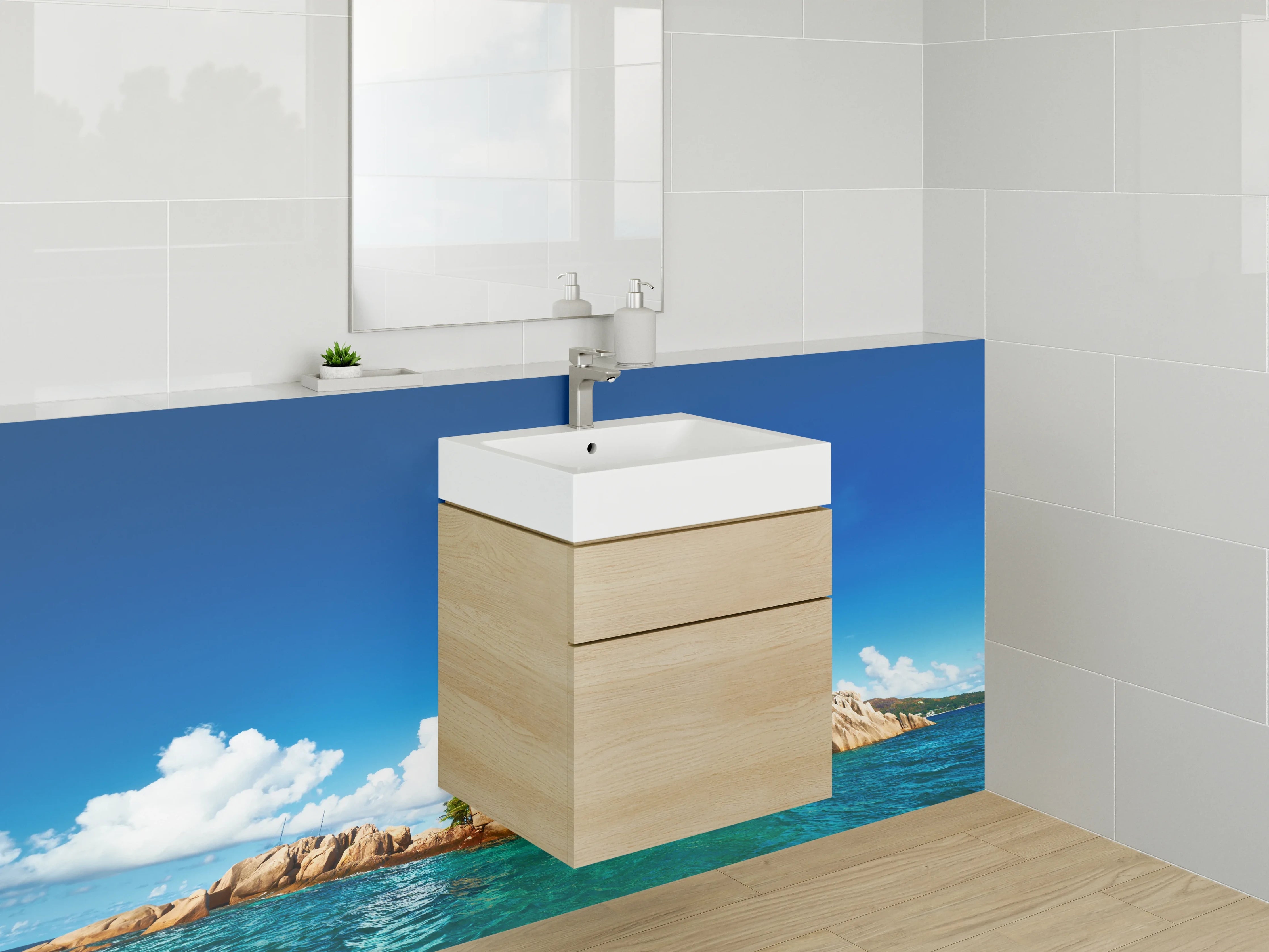 Waschbecken-Rückwand - Tropische Insel mit Palmen und Felsen im blauen Meer