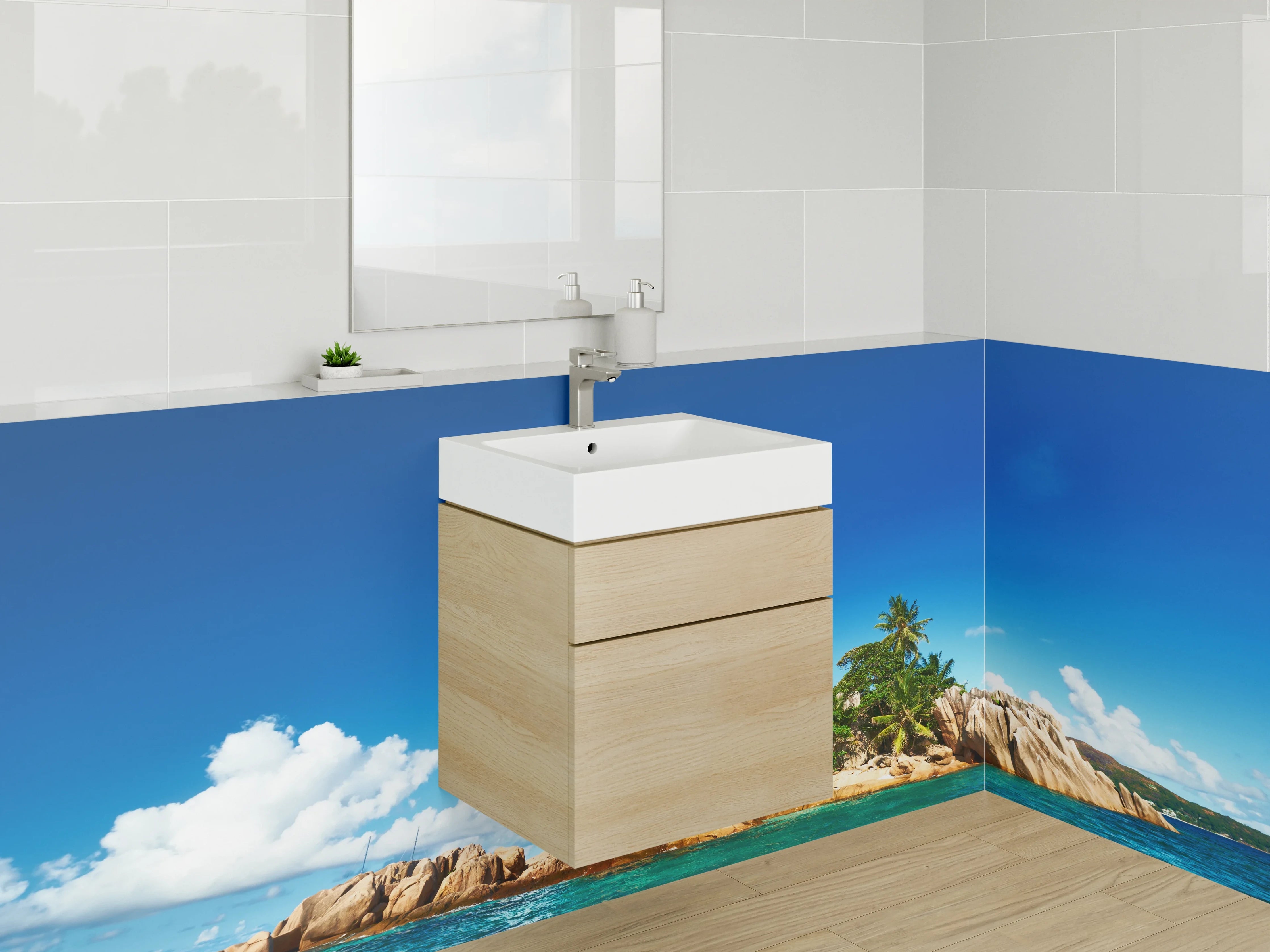 Waschbecken-Rückwand - Tropische Insel mit Palmen und Felsen im blauen Meer