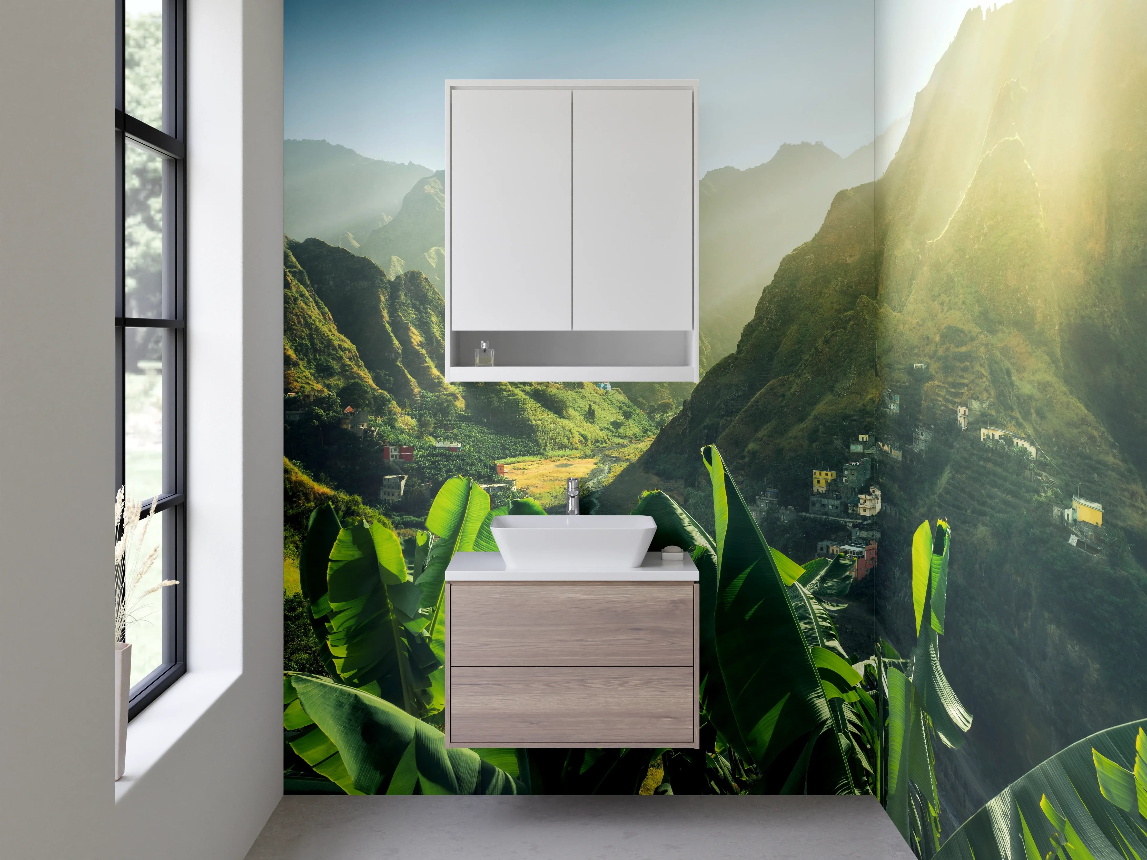 Waschbecken-Rückwand - Tropische Landschaft mit Bergen und Dschungel