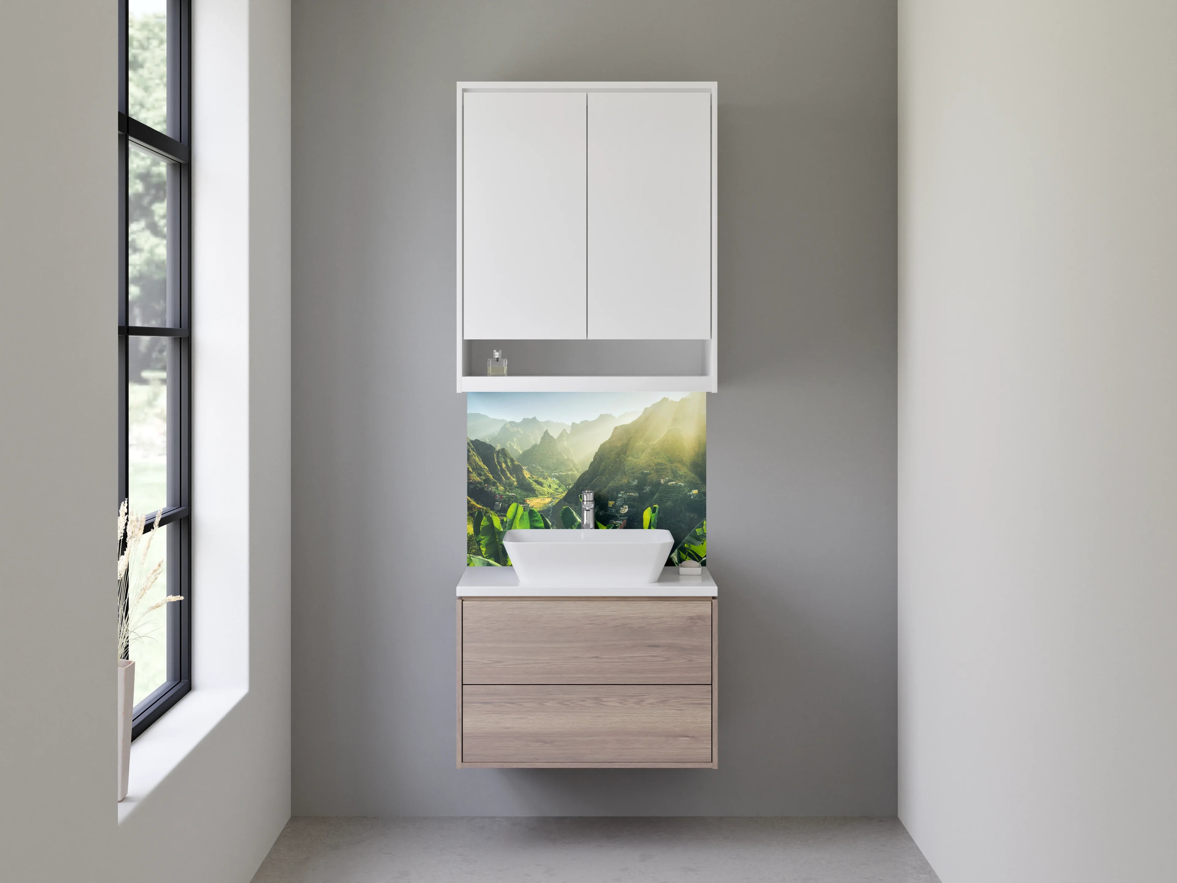 Waschbecken-Rückwand - Tropische Landschaft mit Bergen und Dschungel