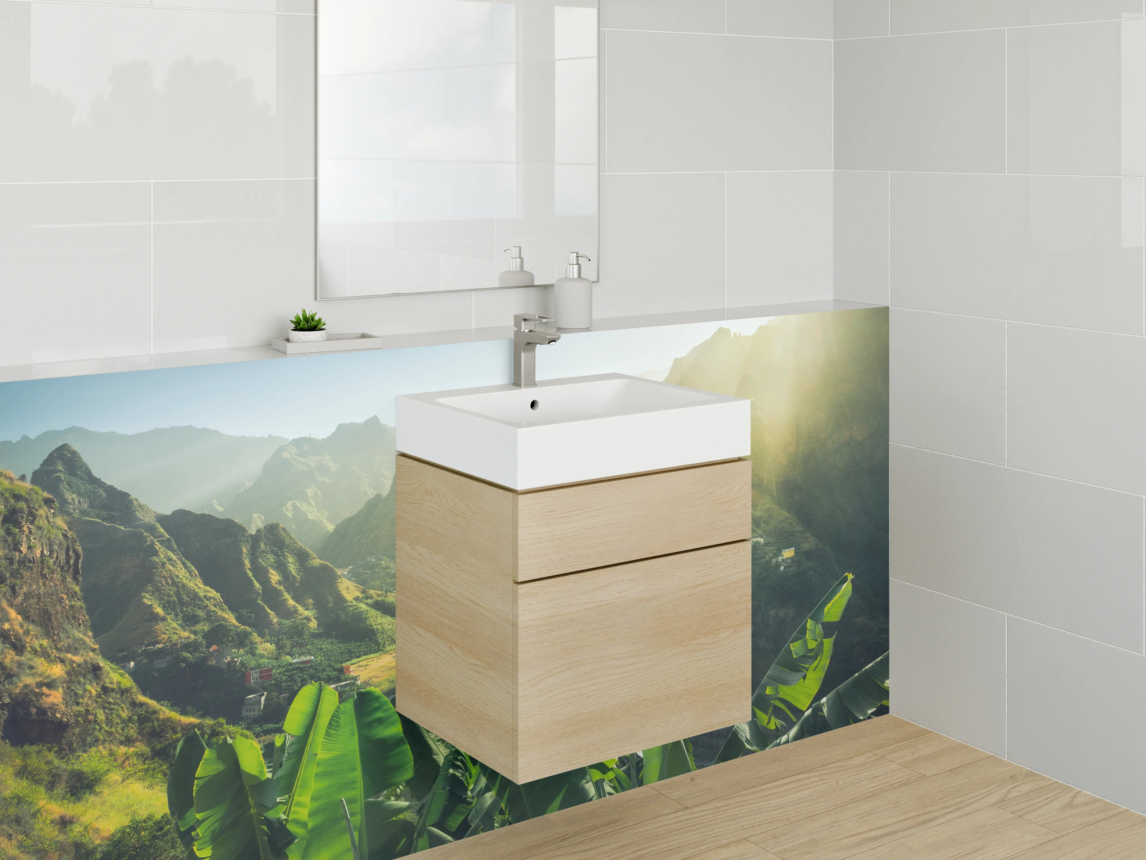 Waschbecken-Rückwand - Tropische Landschaft mit Bergen und Dschungel