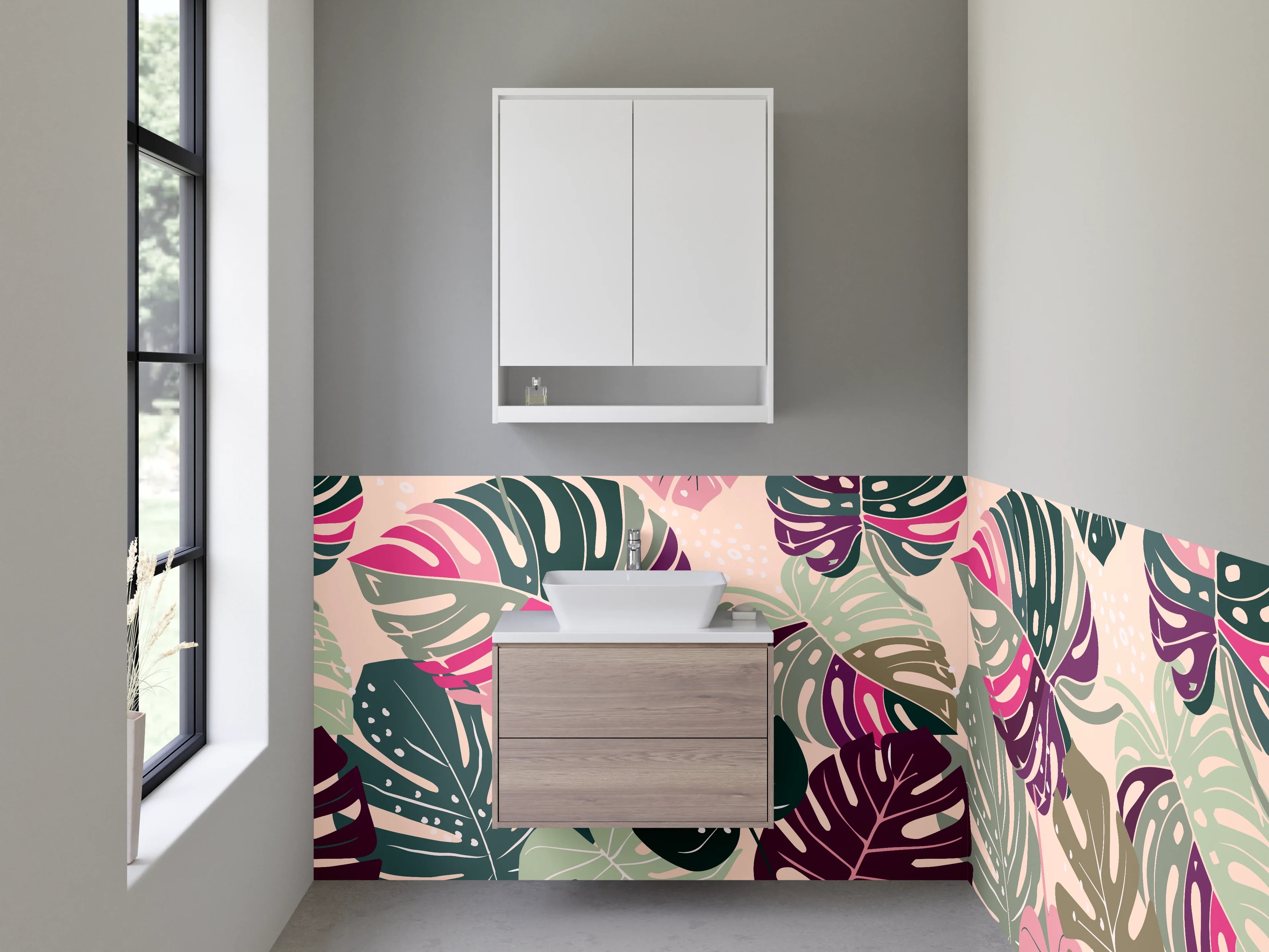 Waschbecken-Rückwand - Tropische Monstera Blätter Muster Retro
