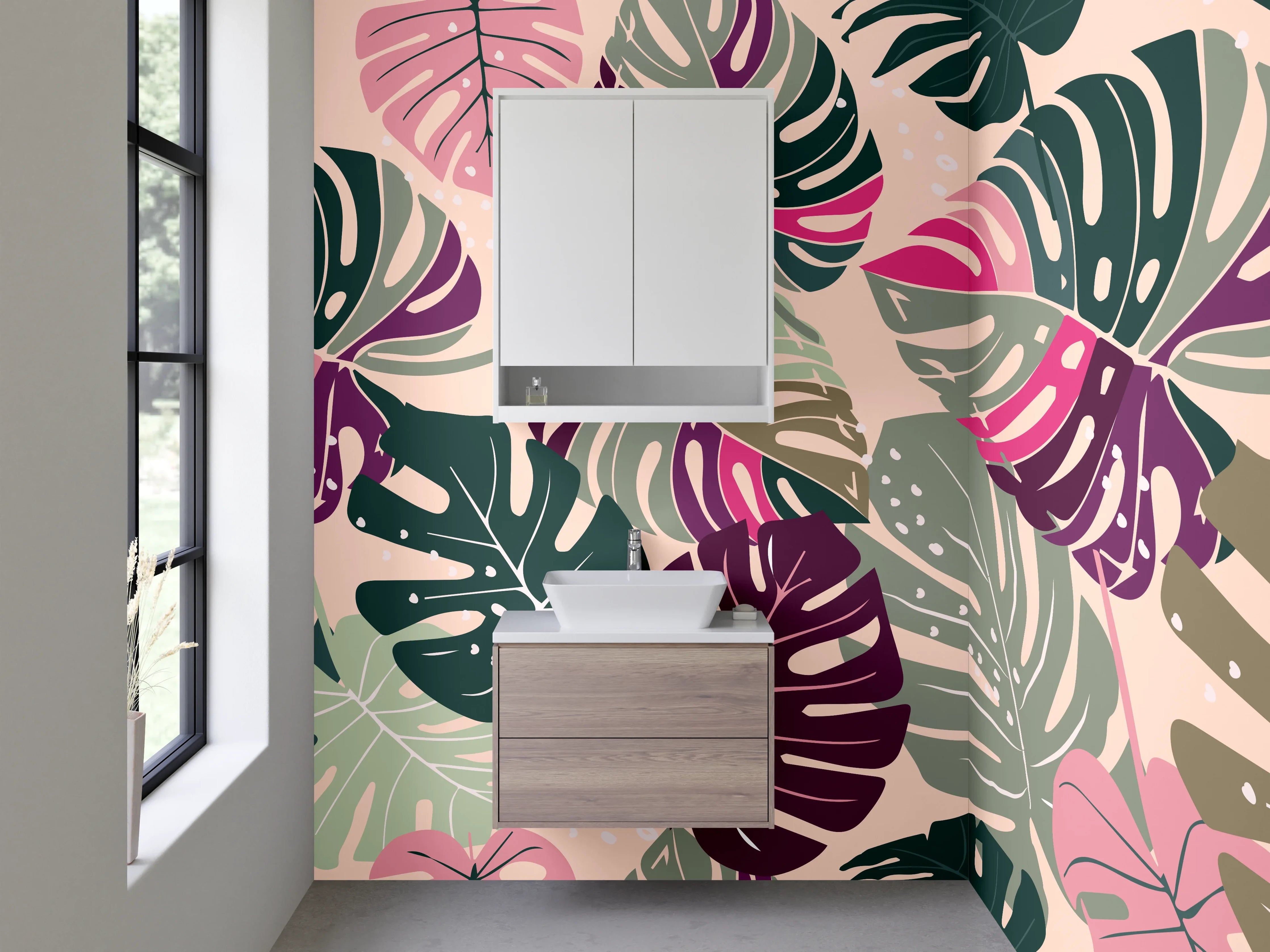 Waschbecken-Rückwand - Tropische Monstera Blätter Muster Retro