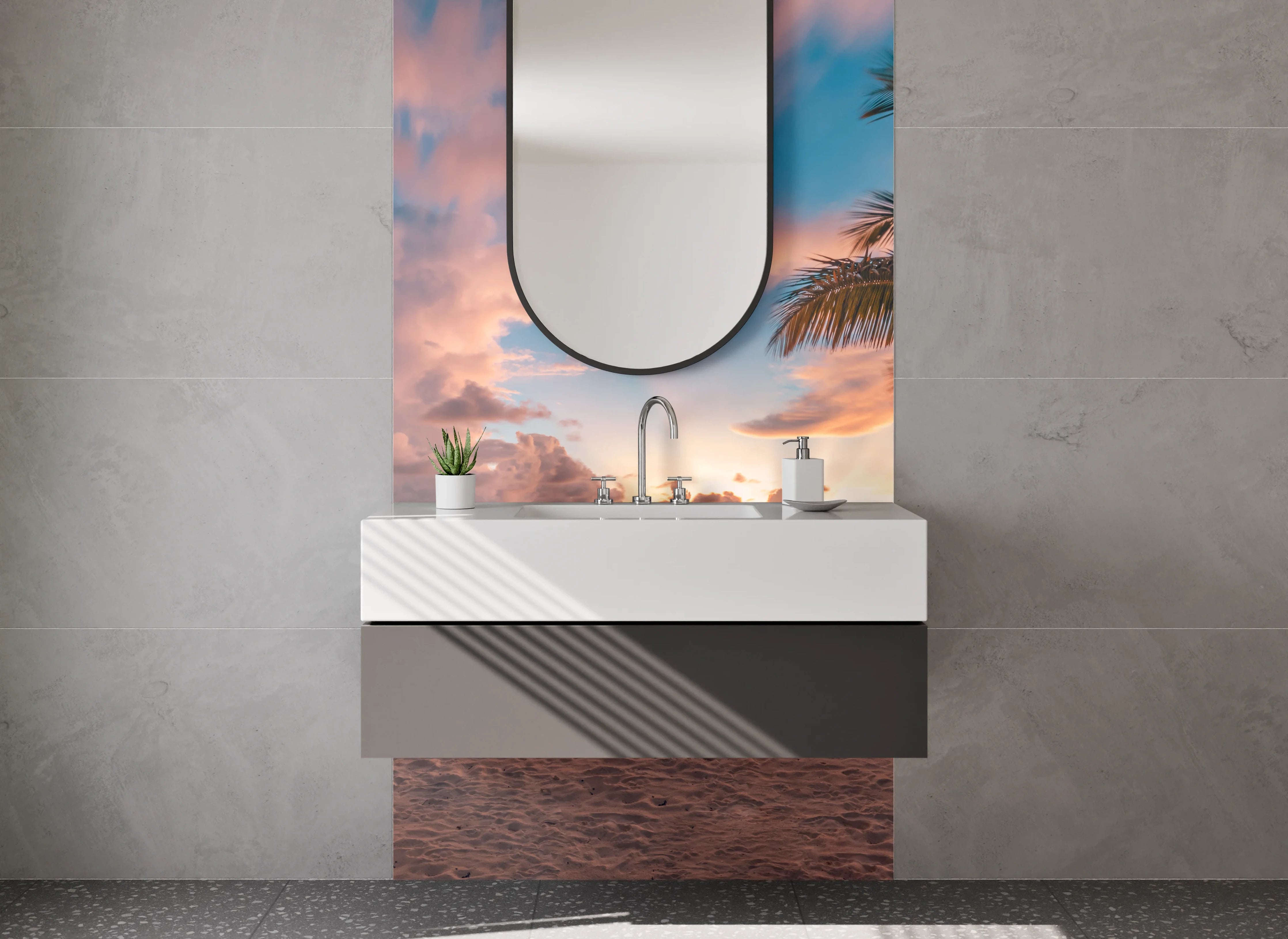 Waschbecken-Rückwand - Tropische Strandkulisse bei Sonnenuntergang