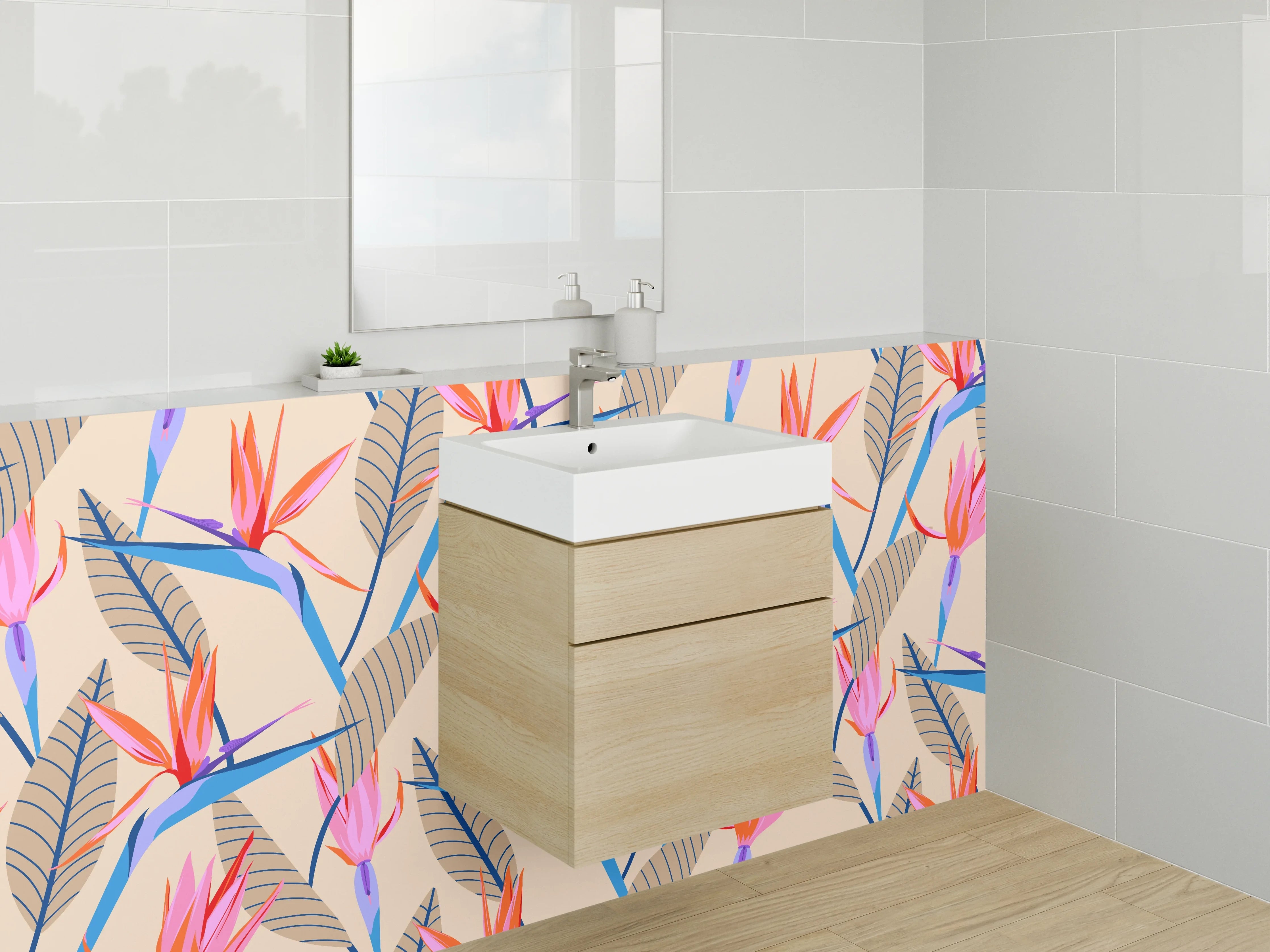 Waschbecken-Rückwand - Tropische Strelitzien Blumen Illustrationsmuster