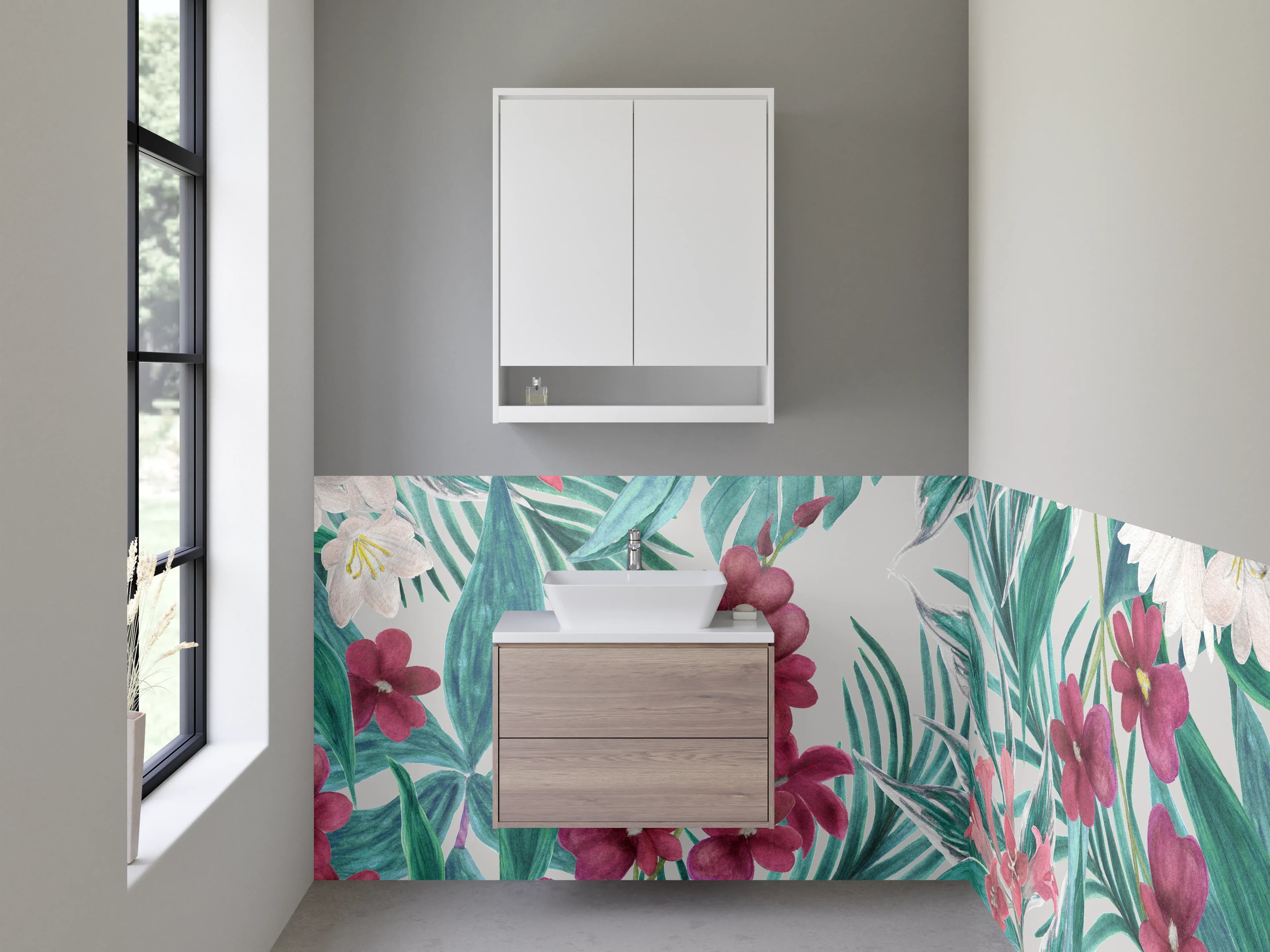 Waschbecken-Rückwand - Tropischer Blumenmix auf pastellfarbenem Hintergrund