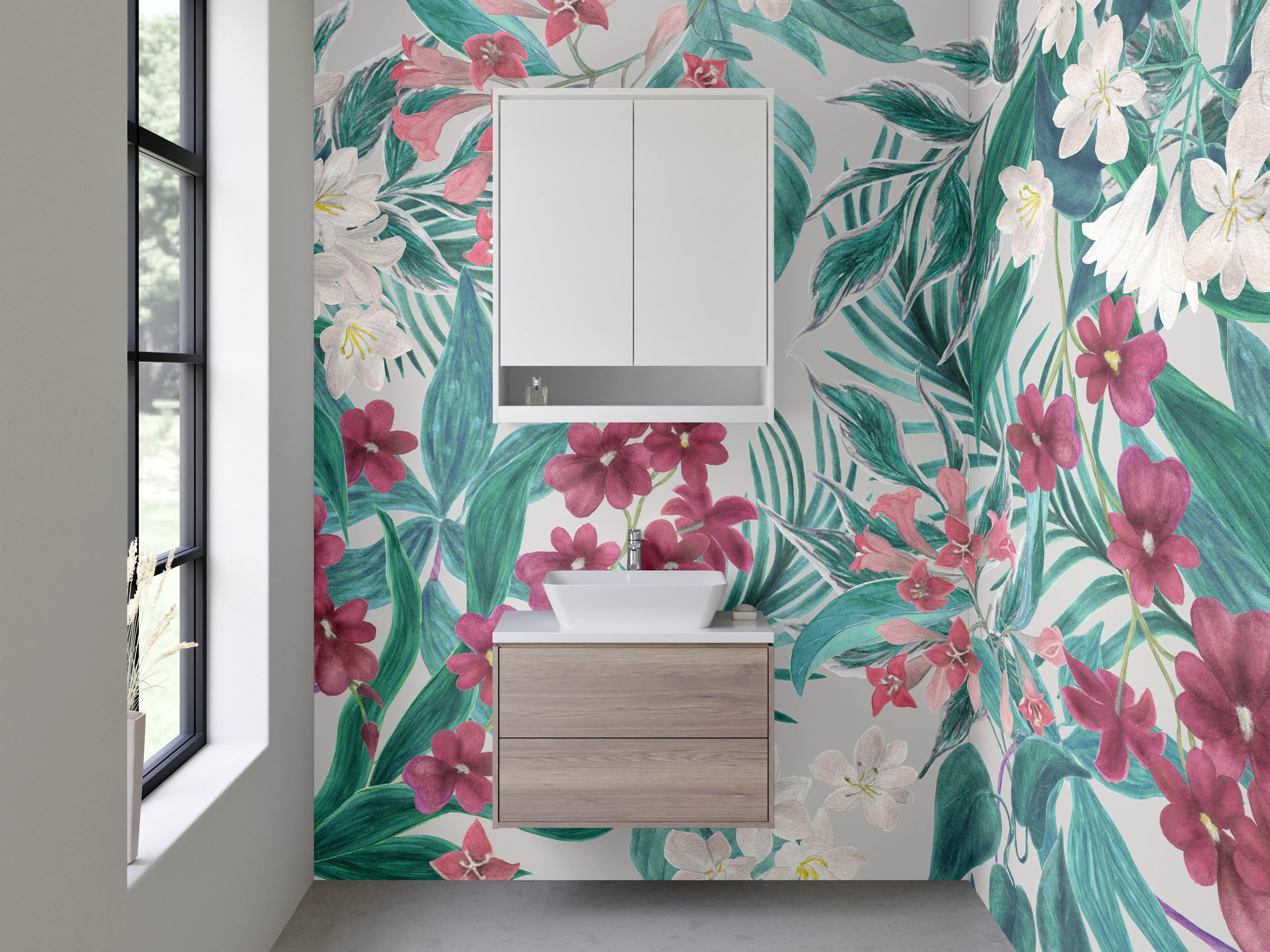 Waschbecken-Rückwand - Tropischer Blumenmix auf pastellfarbenem Hintergrund