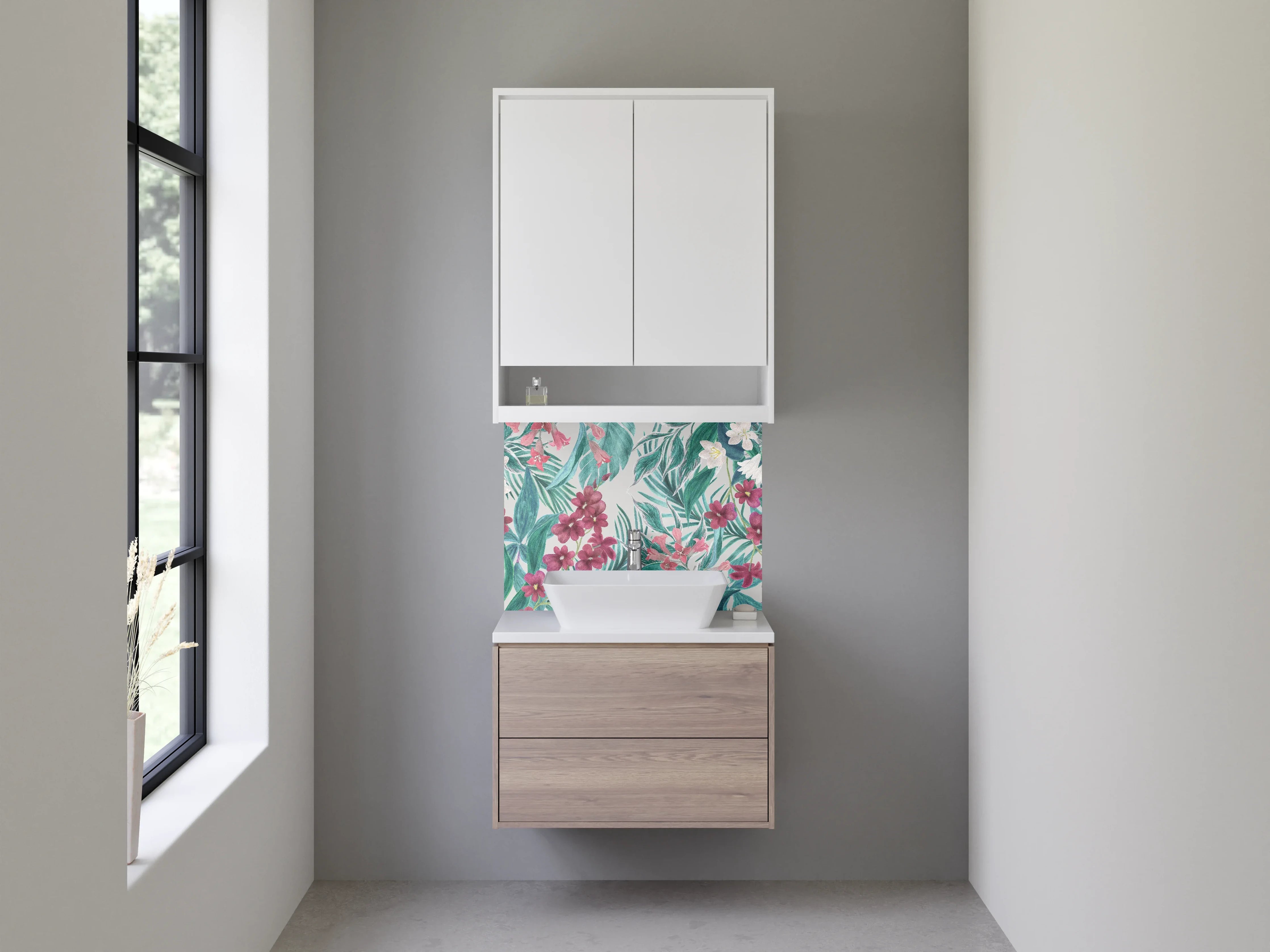 Waschbecken-Rückwand - Tropischer Blumenmix auf pastellfarbenem Hintergrund