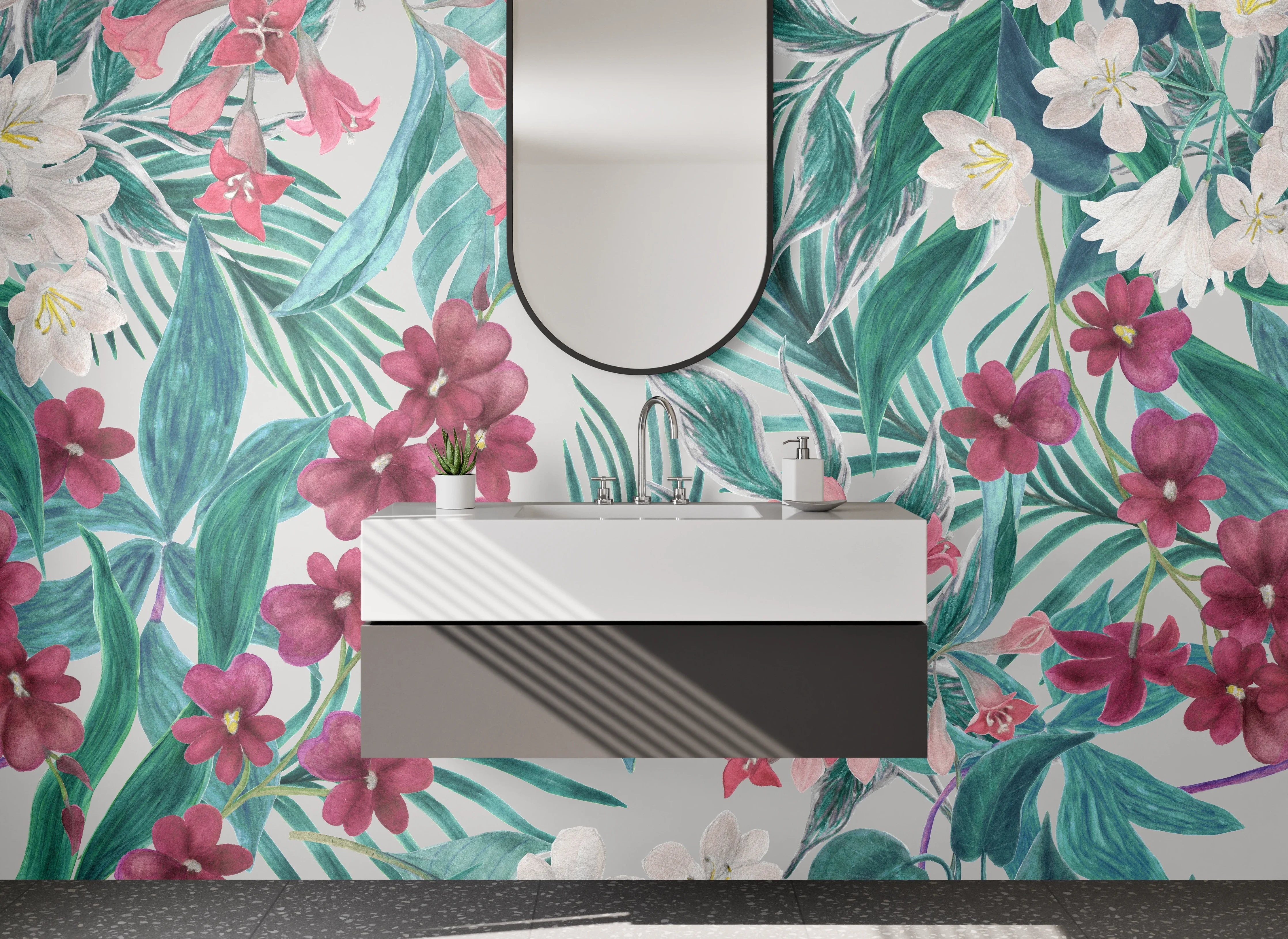 Waschbecken-Rückwand - Tropischer Blumenmix auf pastellfarbenem Hintergrund